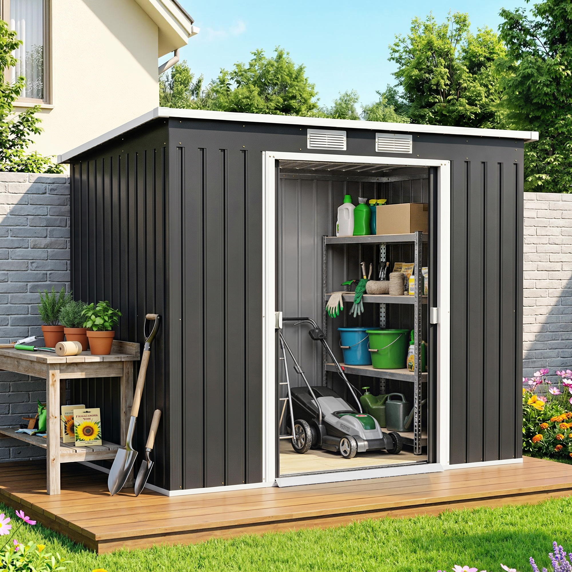 7 X 4ft Galvanised Steel Garden Shed,with Foundation Kit-Dark Grey — image 3