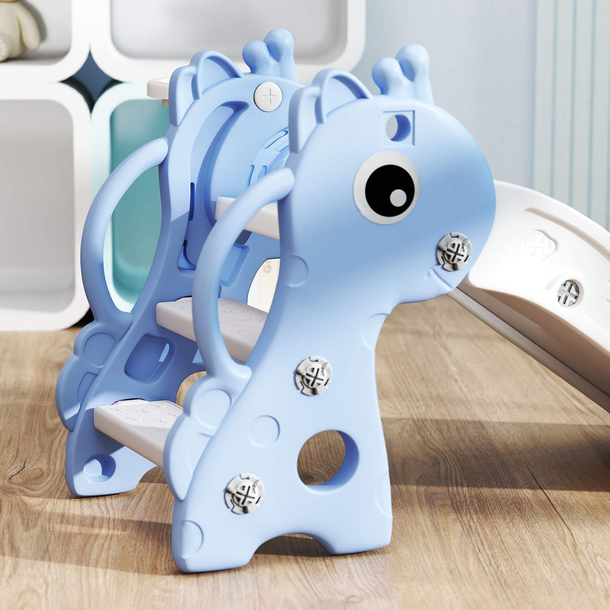 3 In 1 Kids Slide With Climber,Basketball Hoop And Ball,Giraffe Shape Climber — image 2