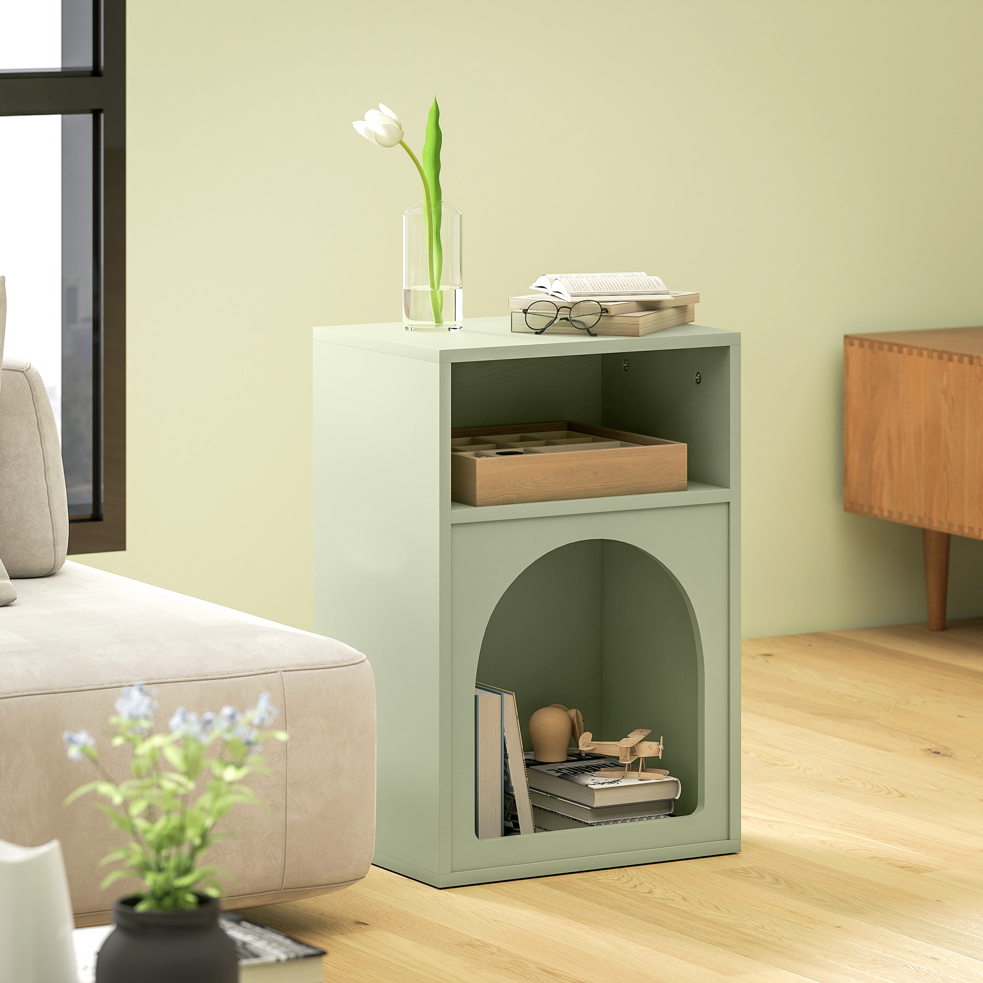 Bedside Table With 2 Open Compartments-Light Green
