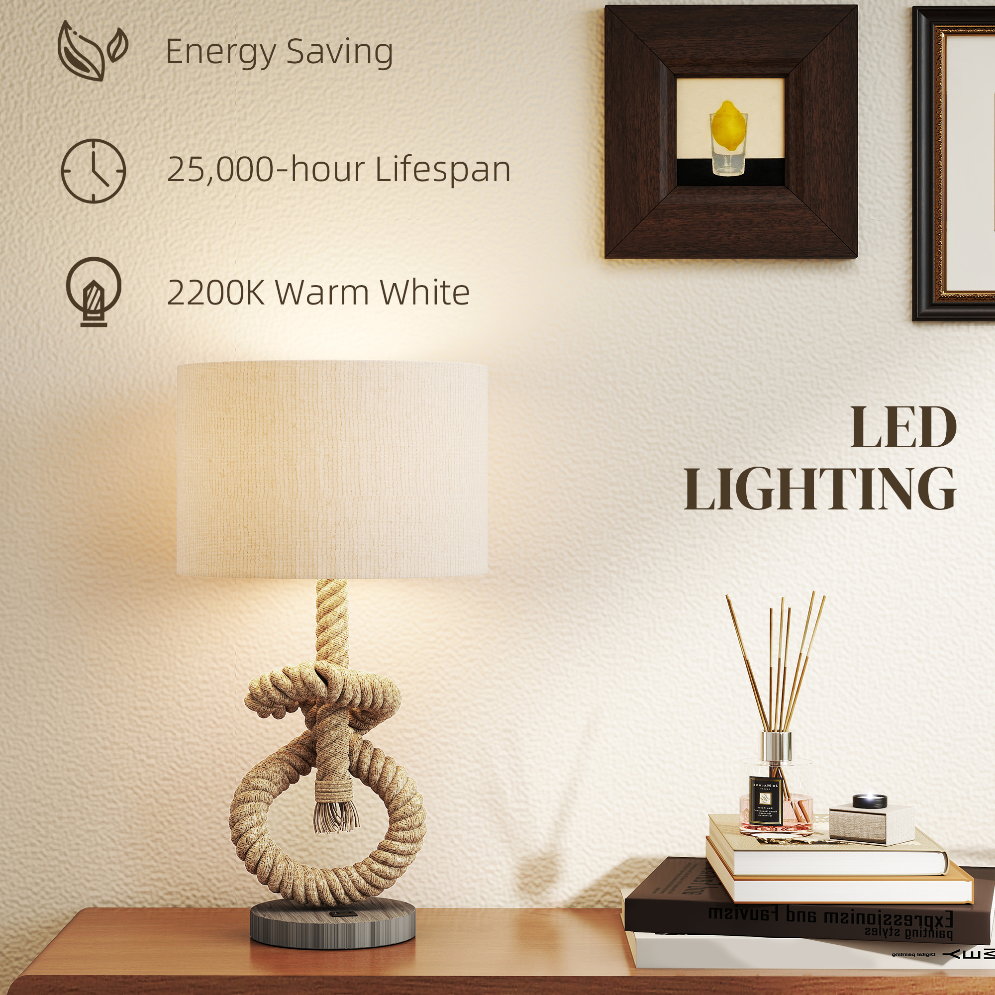 Nautical LED Table Lamp With USB Charging Port,Bedside Desk For Bedroom,Living