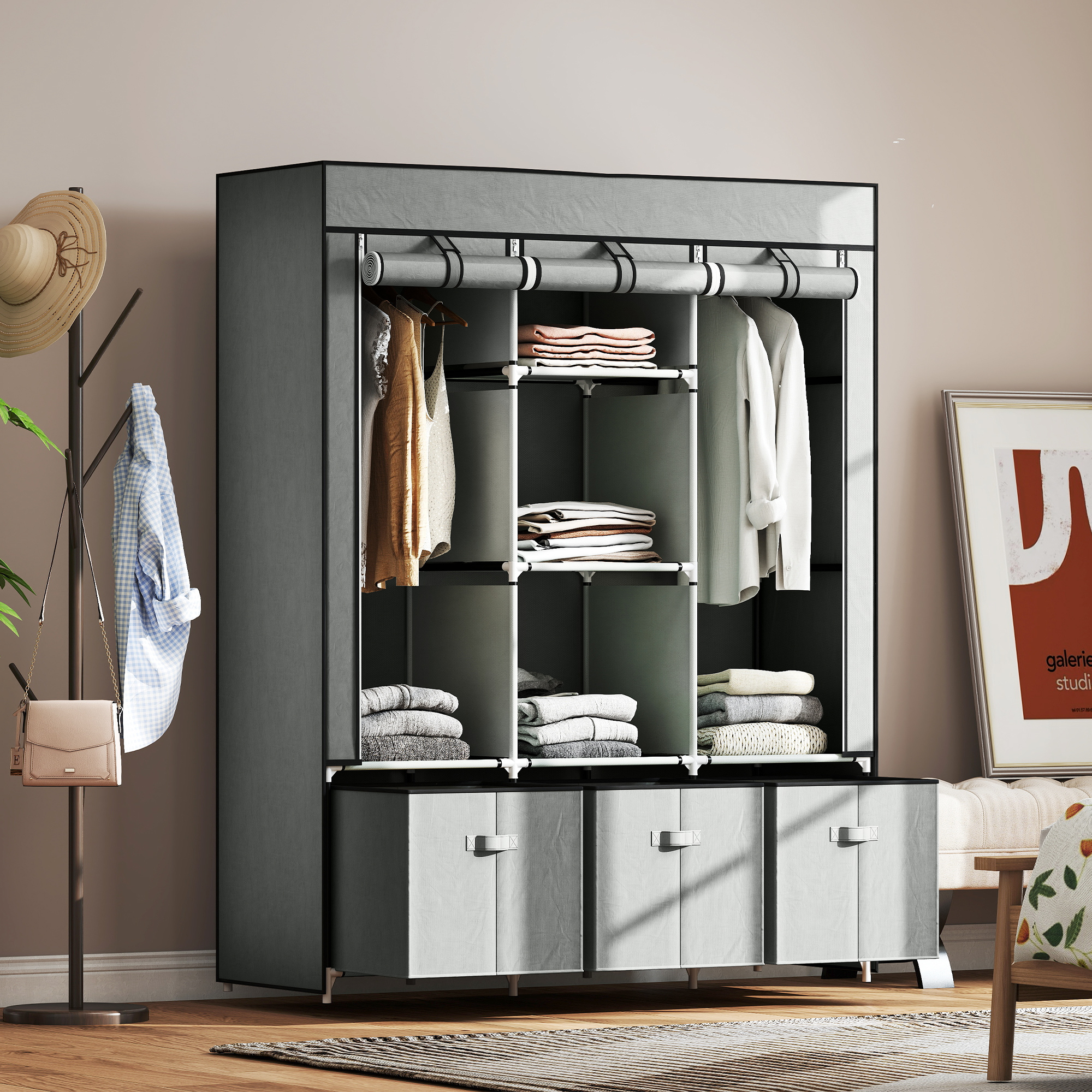 Fabric Wardrobe For Bedroom,Portable With 5 Shelves,2 Hanging Rails And 3 — image 4