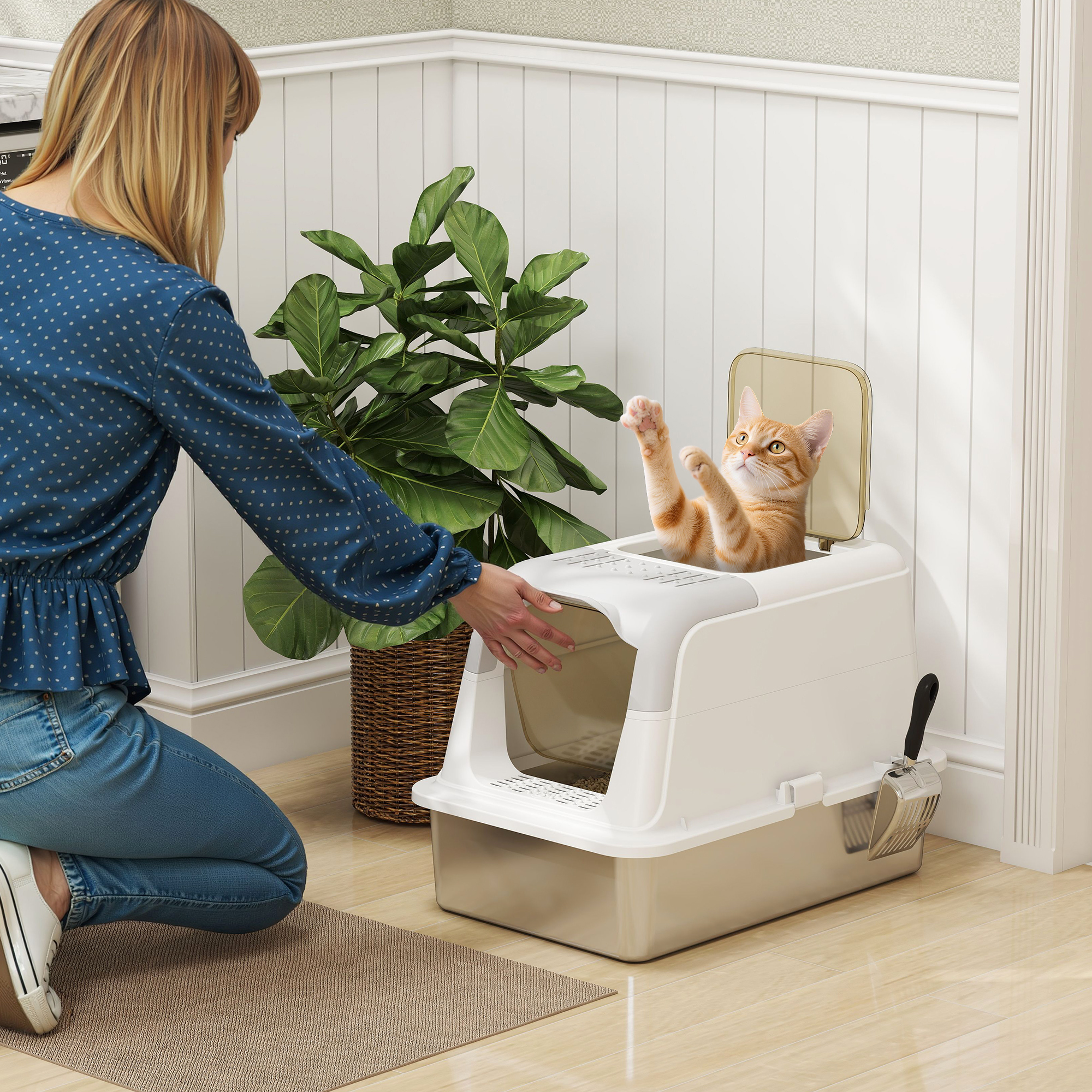 Extra Large Stainless Steel Litter Box,Enclosed Cat Litter Tray With Scoop,Deodorizer Bag,Front-Entry And Top-Exit detail photo 10
