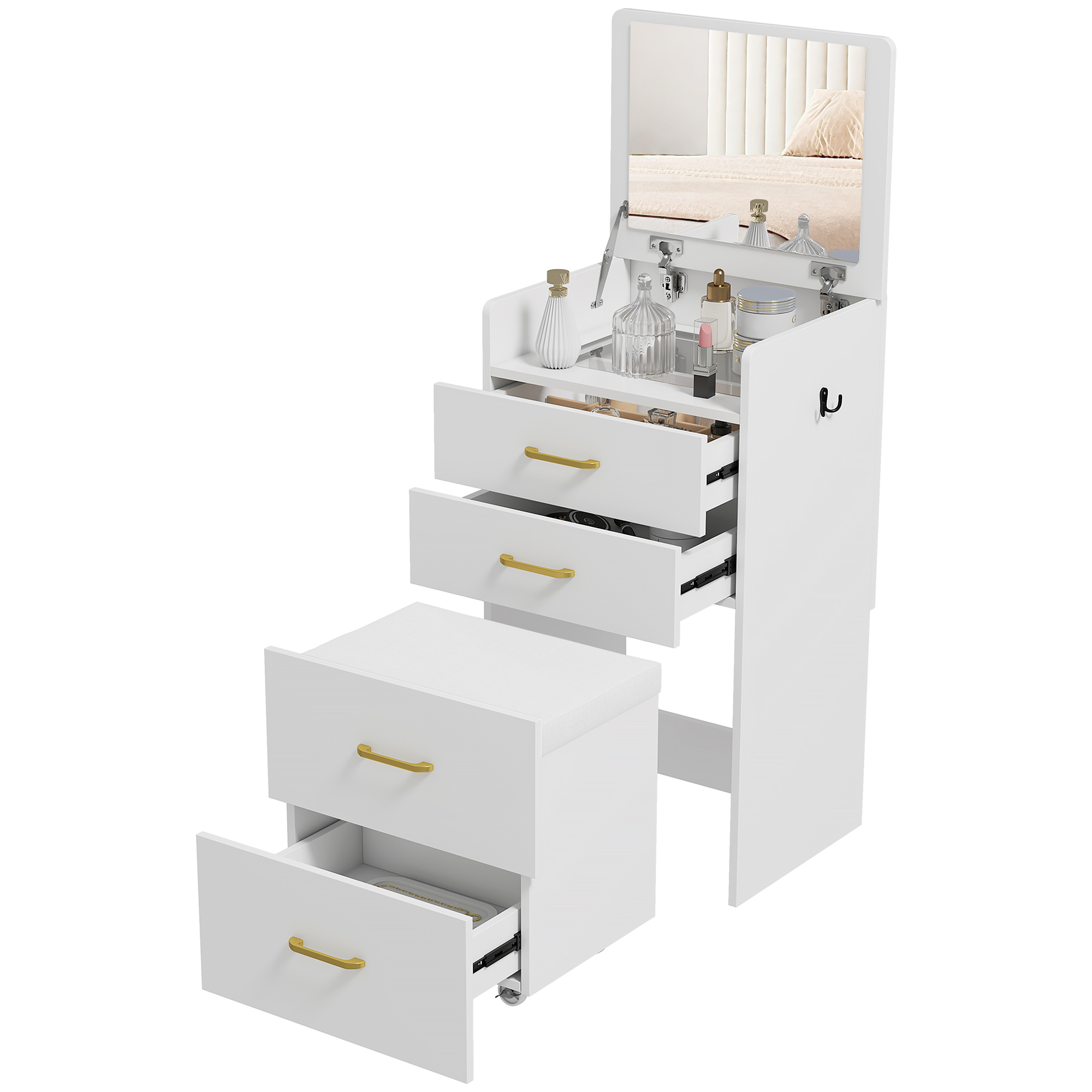 Compact Dressing Table And Stool Set,with Storage-White — image 2