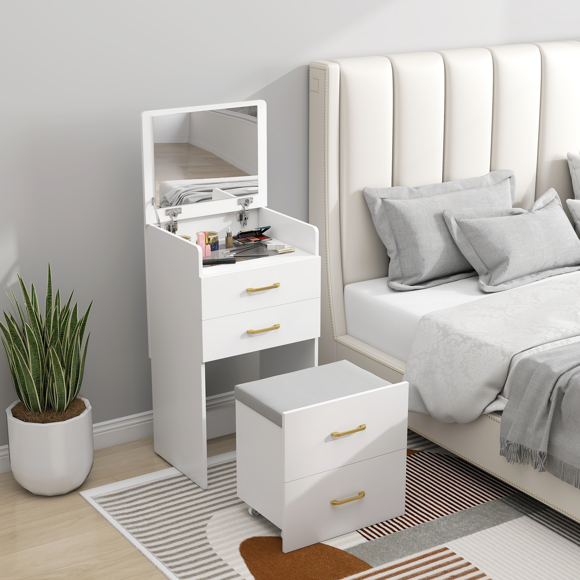 Compact Dressing Table And Stool Set,with Storage-White — image 4