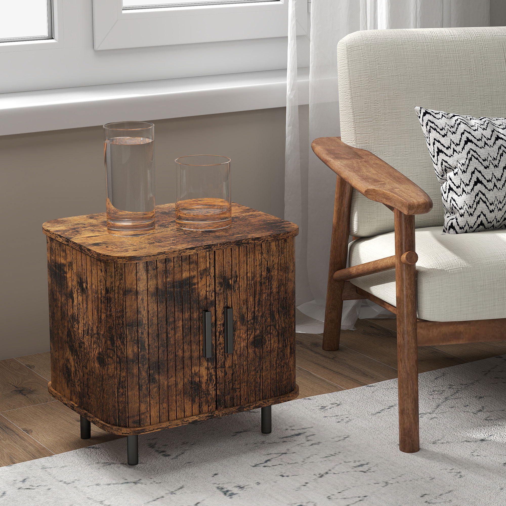 Nightstand With Sliding Doors And Metal Legs Rustic Brown — image 3