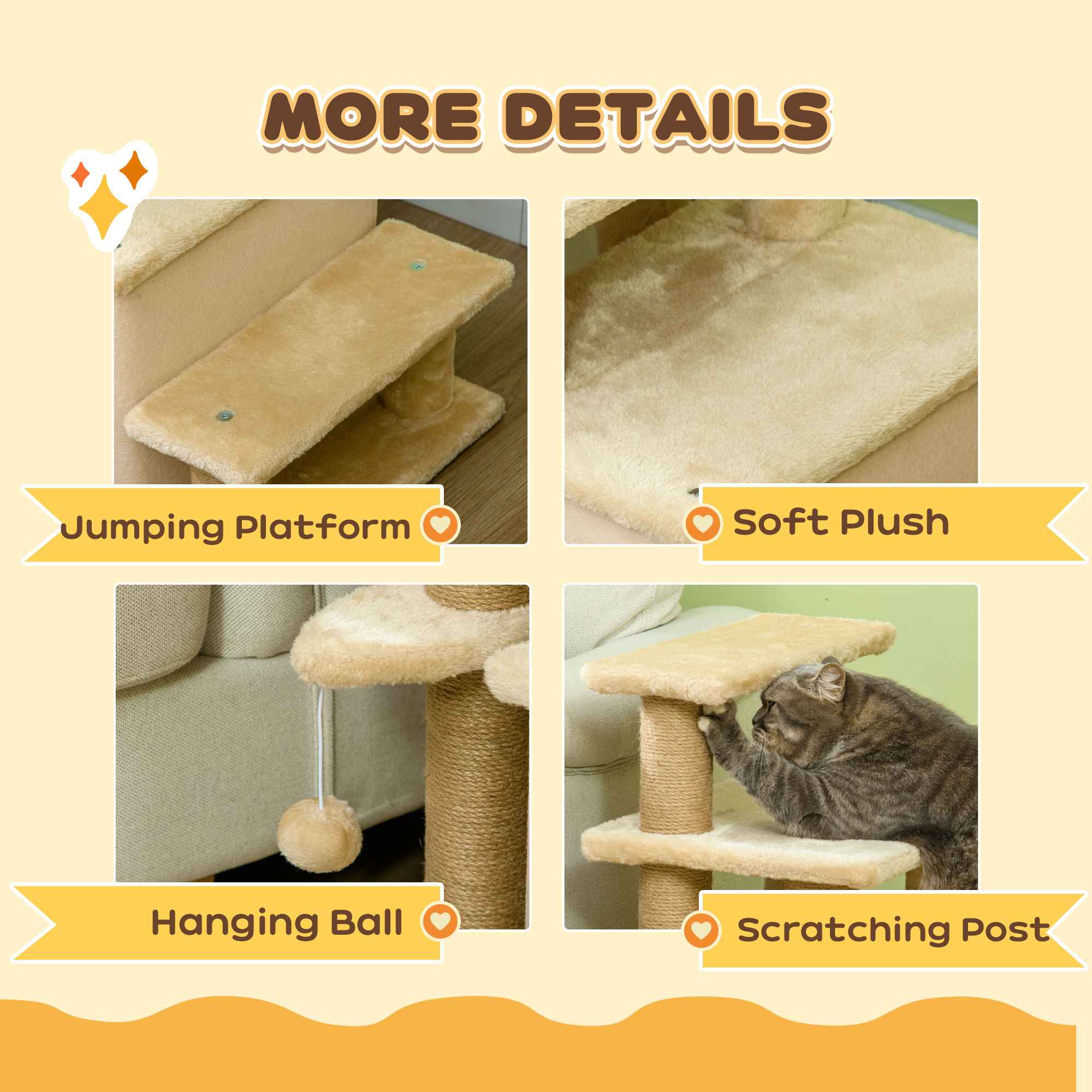 Adjustable Cat Steps,with House & Hanging Toy Ball-Beige — image 3