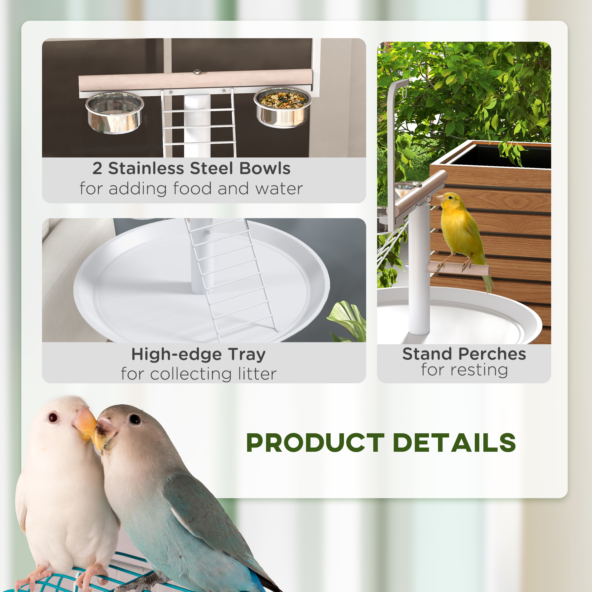 Bird Stand With Four Wheels,Perches,Stainless Steel Feed Bowls,Round Tray,for — image 4