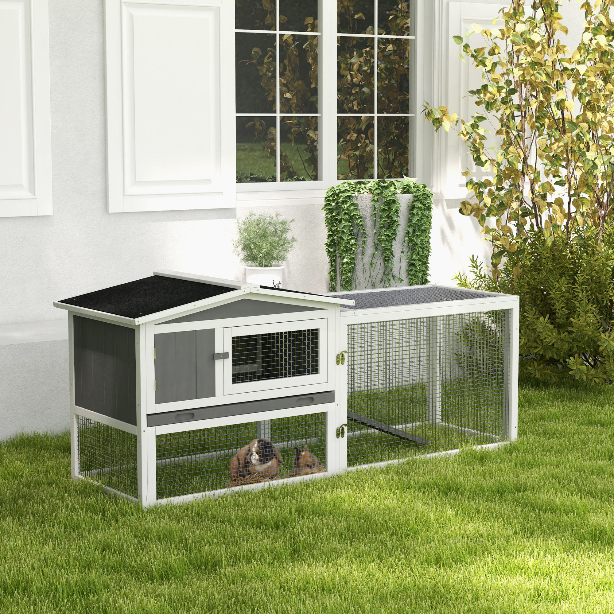 Rabbit Hutch With Run Wooden Guinea Pig Outdoor Bunny Cage Hide House Sliding