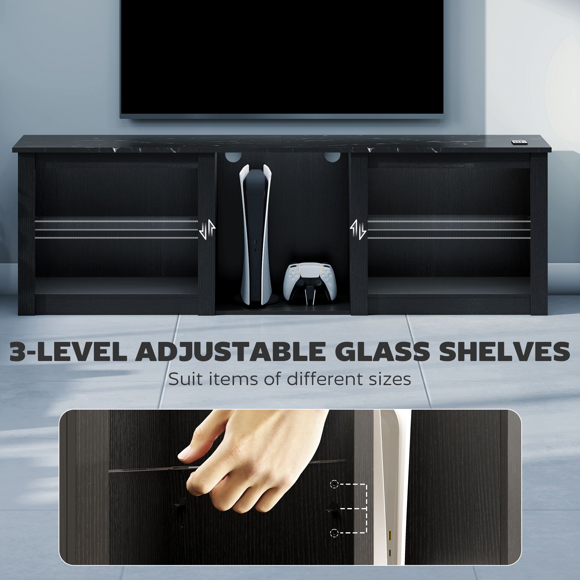 70" TV Stand,with LED Lights And Storage-Black — image 4