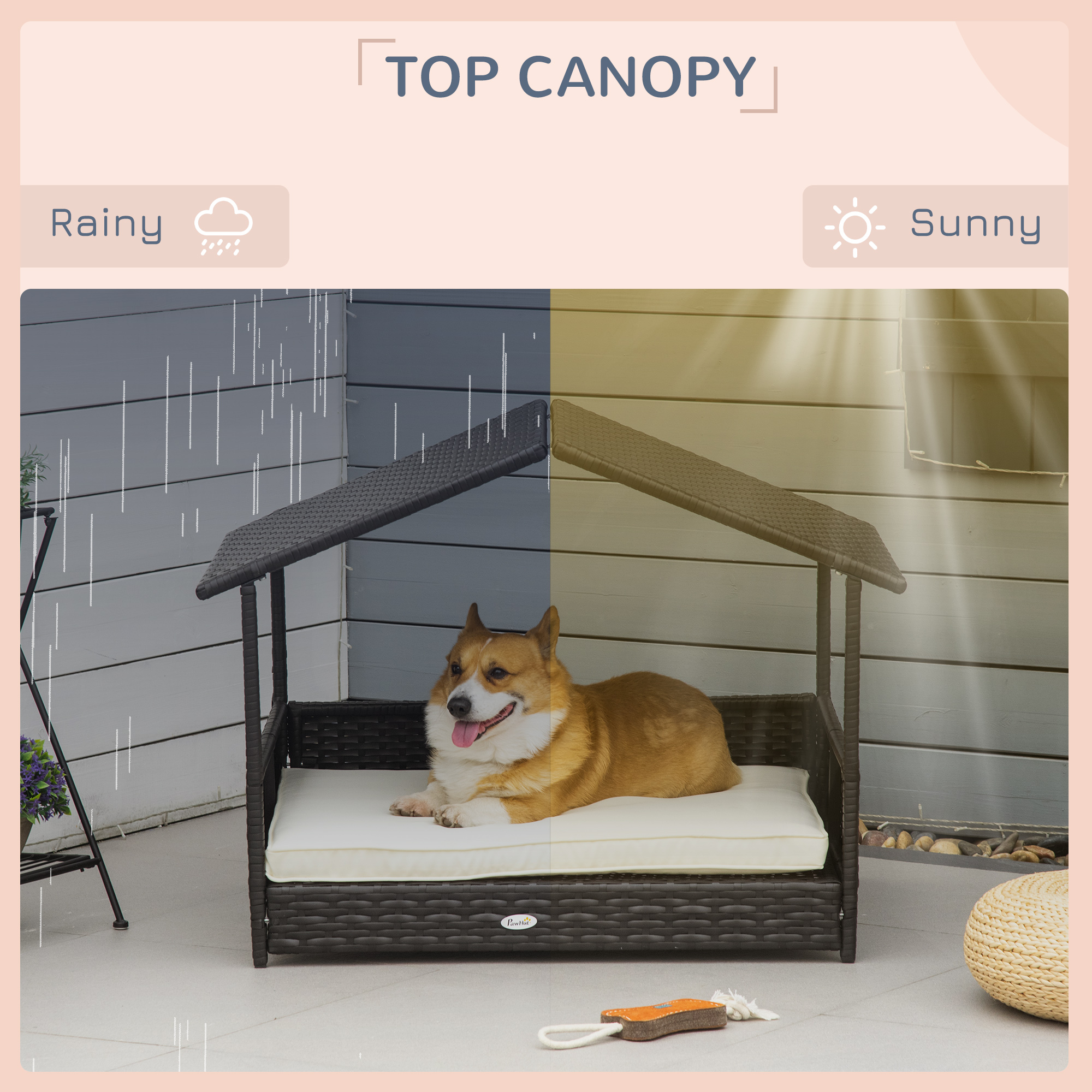 Wicker Dog House,Rattan Pet Bed,with Removable Cushion,Canopy,for Small — image 3