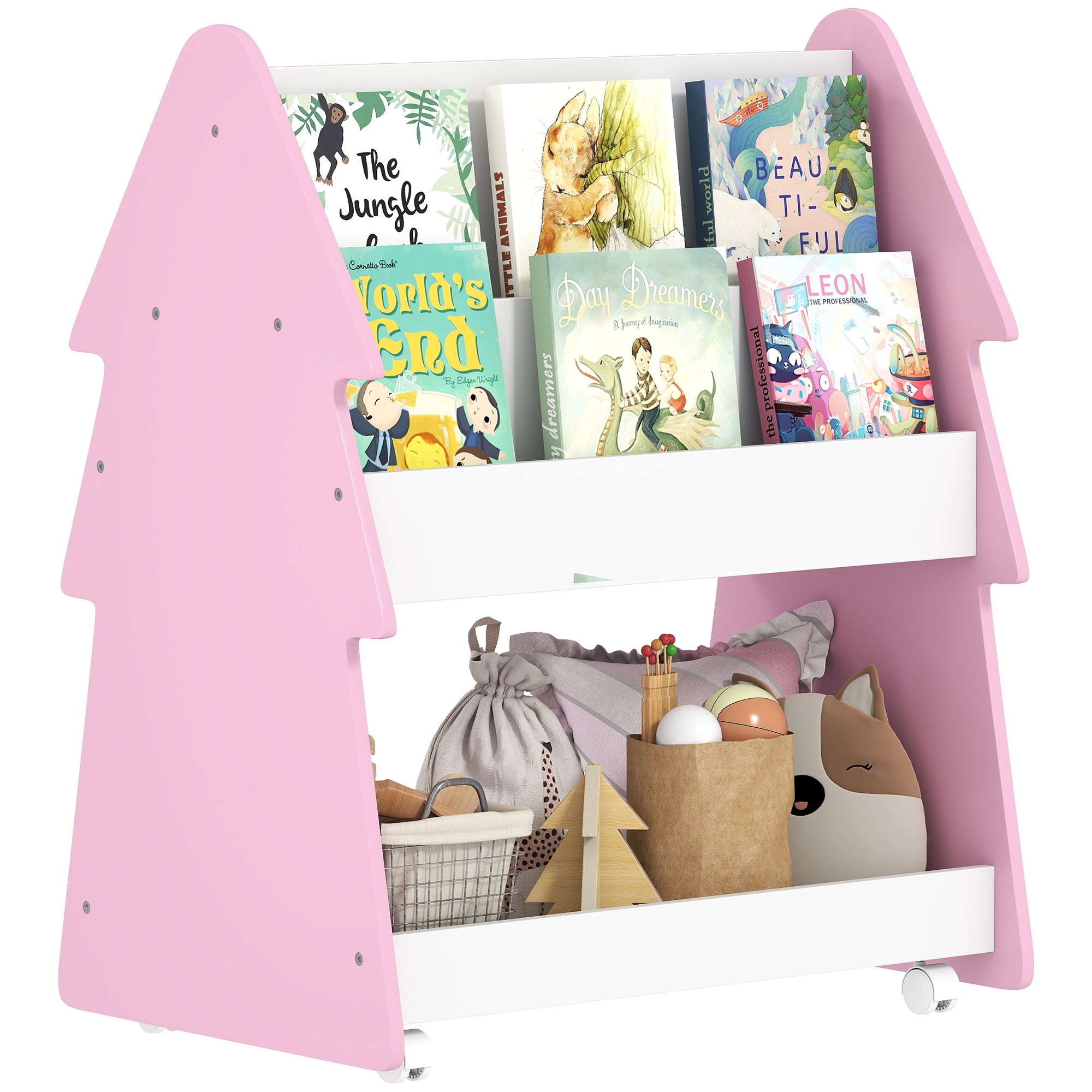 Kids Bookshelf With Toy Storage,Double-Sided Bookcase Wheels,3 Tier Book Rack — image 5