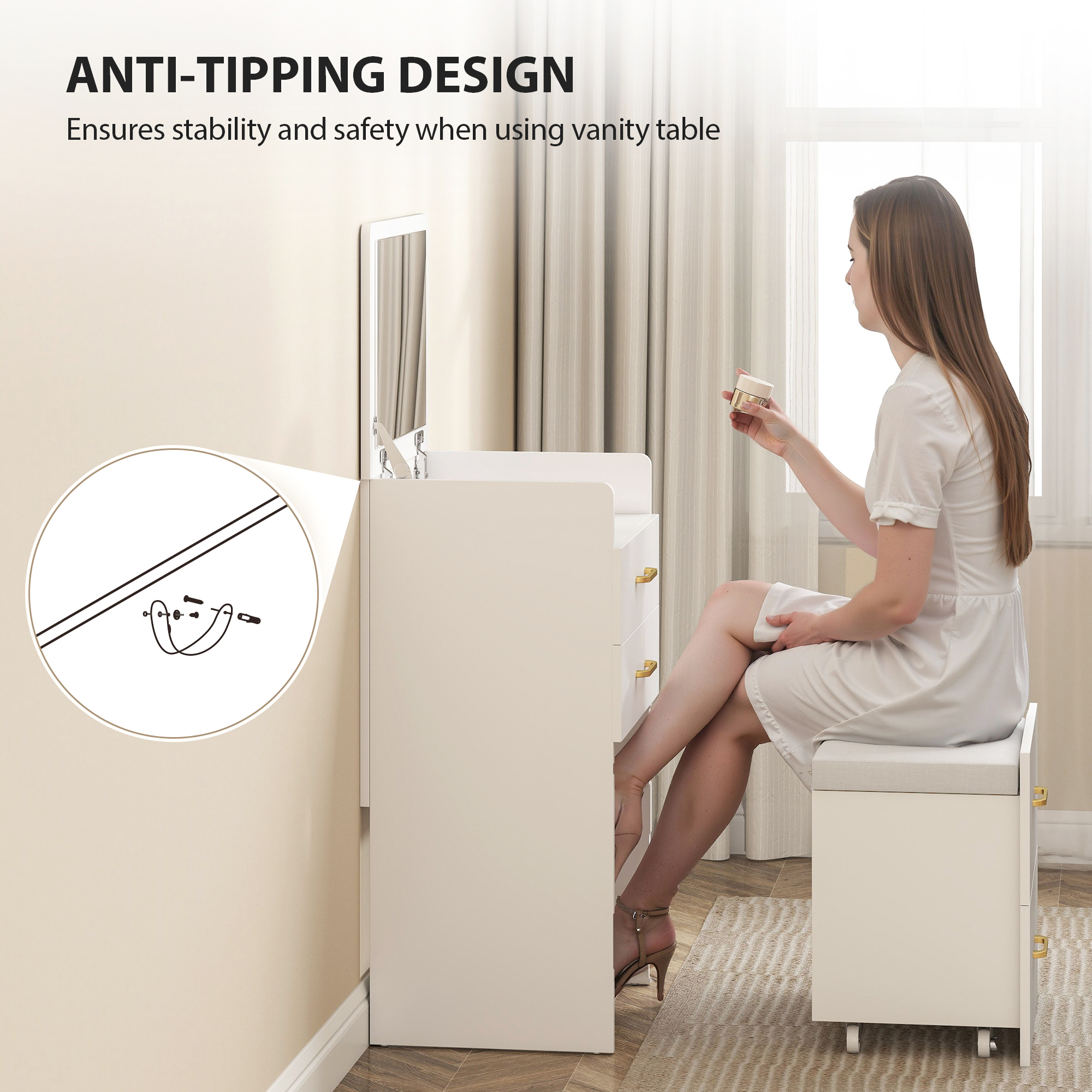 Compact Dressing Table And Stool Set,with Storage-White