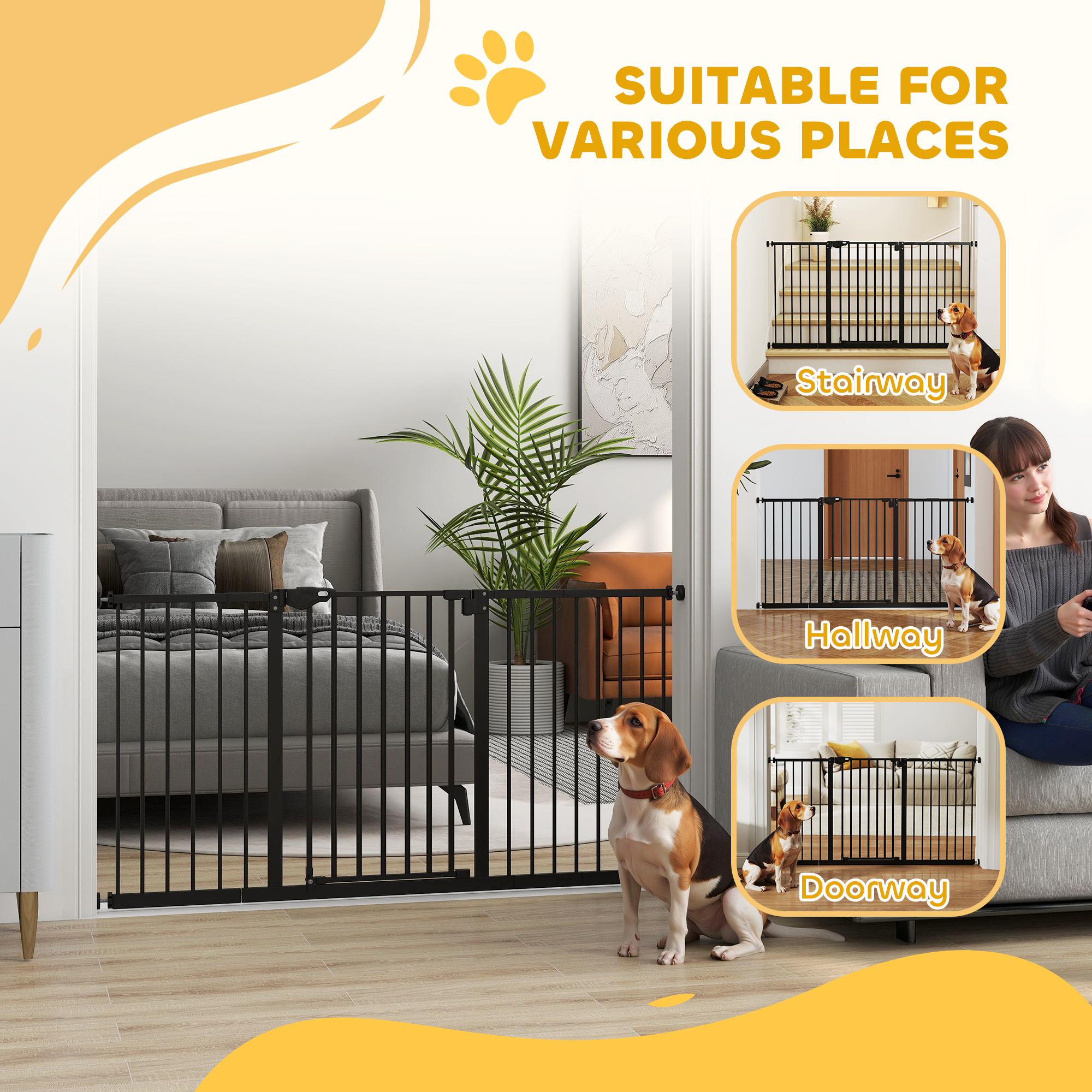 Adjustable Safety Gate W/ Three Extensions,Four Screws,Black