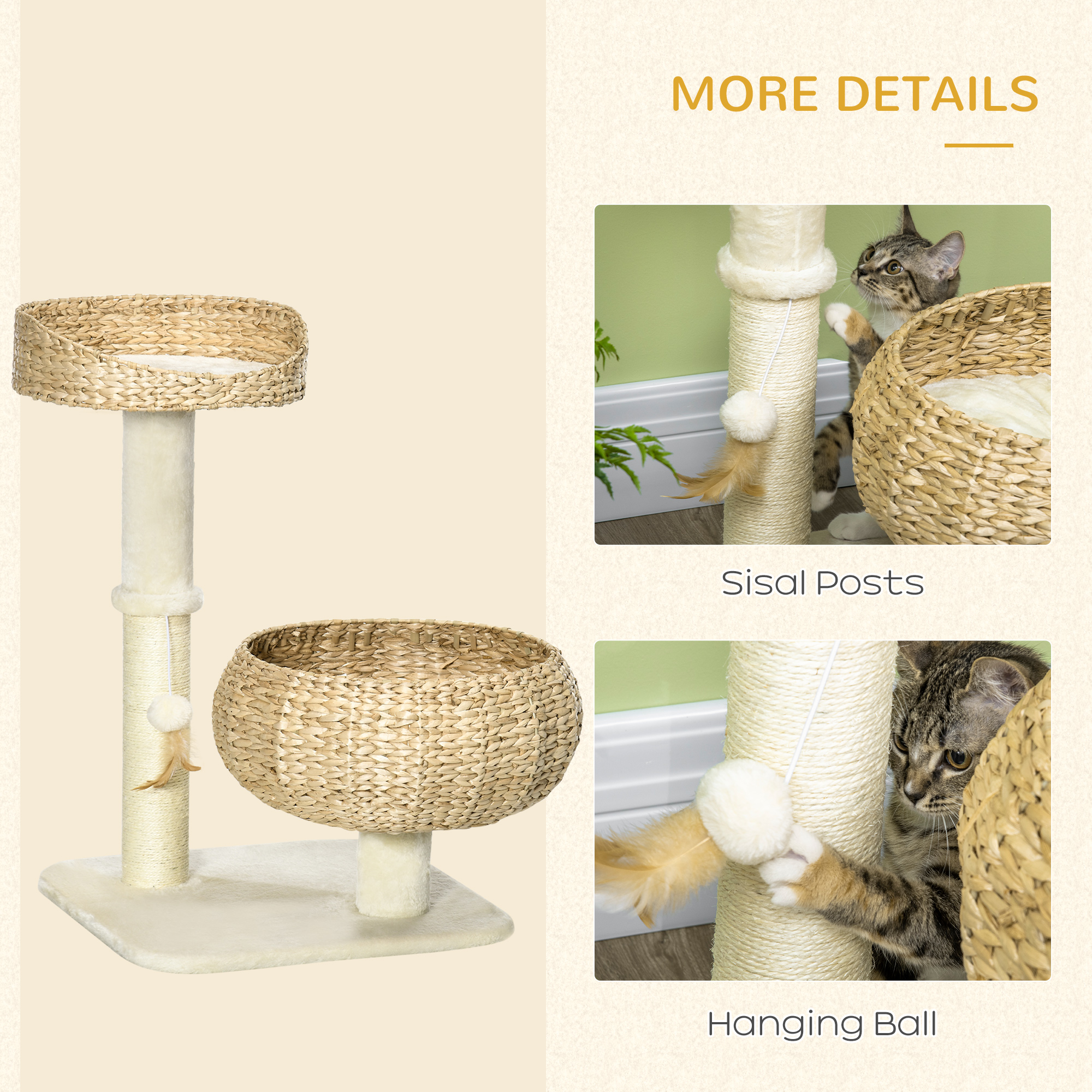 72cm Cat Tree Kitten Tower,with Sisal Scratching Post,Two Beds,Toy Ball — image 3