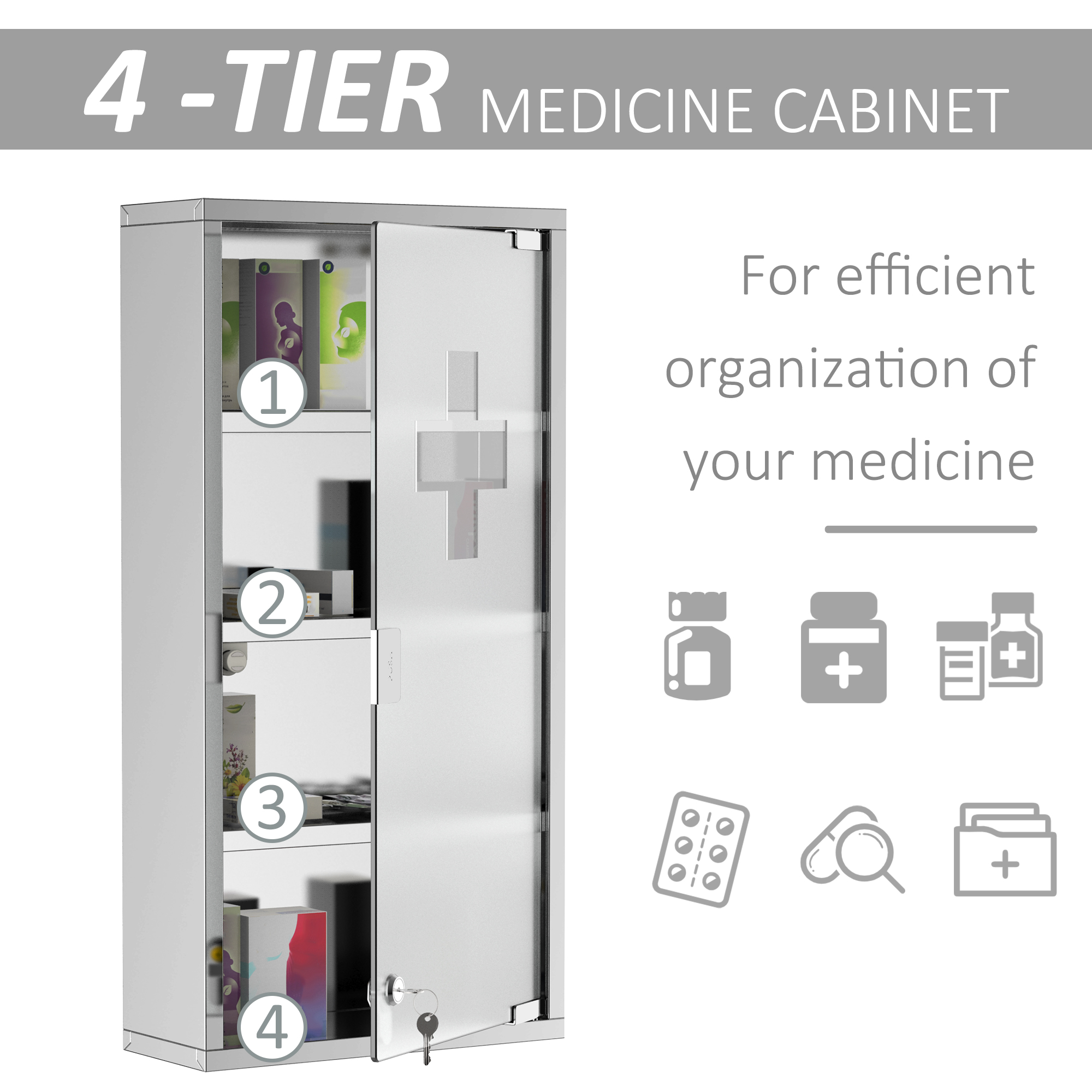 4 Tier Stainless Steel Wall Mounted Medicine Cabinet Glass Lockable Door