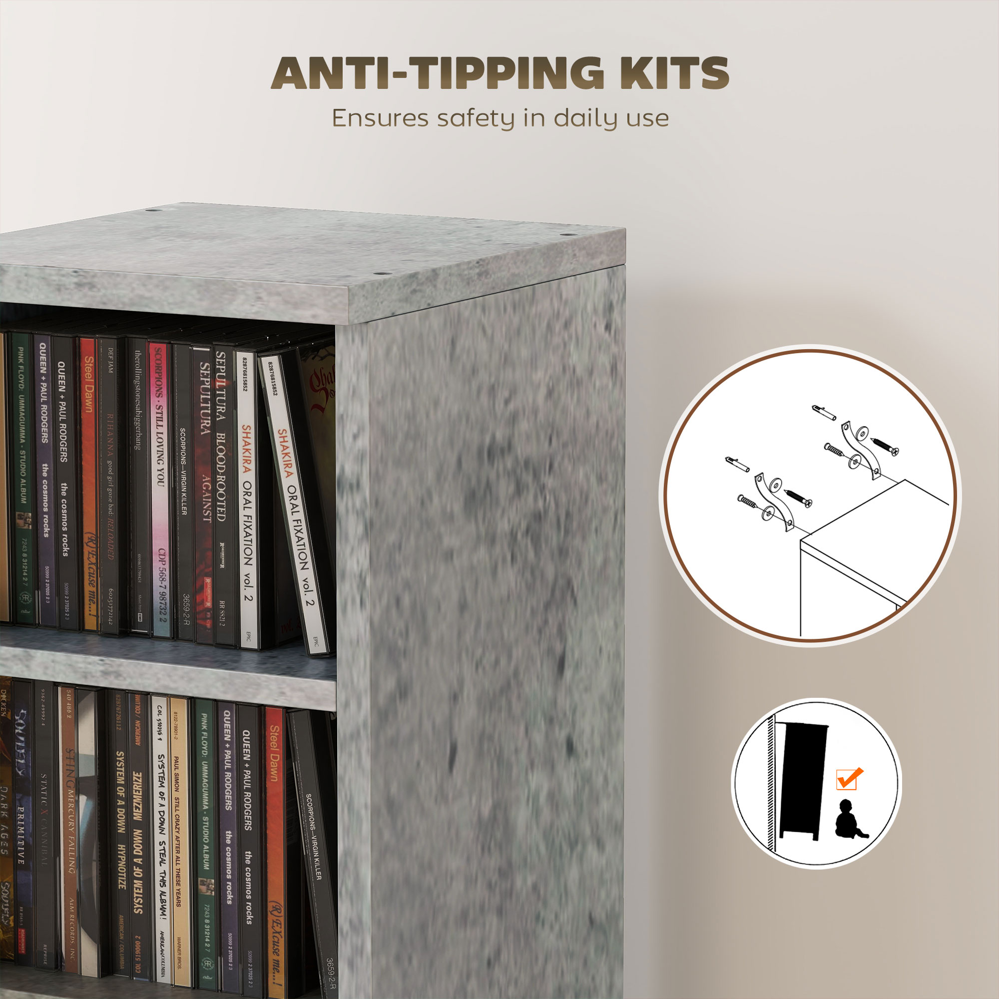 Set Of 2 CD Media Display Shelf Unit Tower Rack With Adjustable Shelves,Cement — image 3