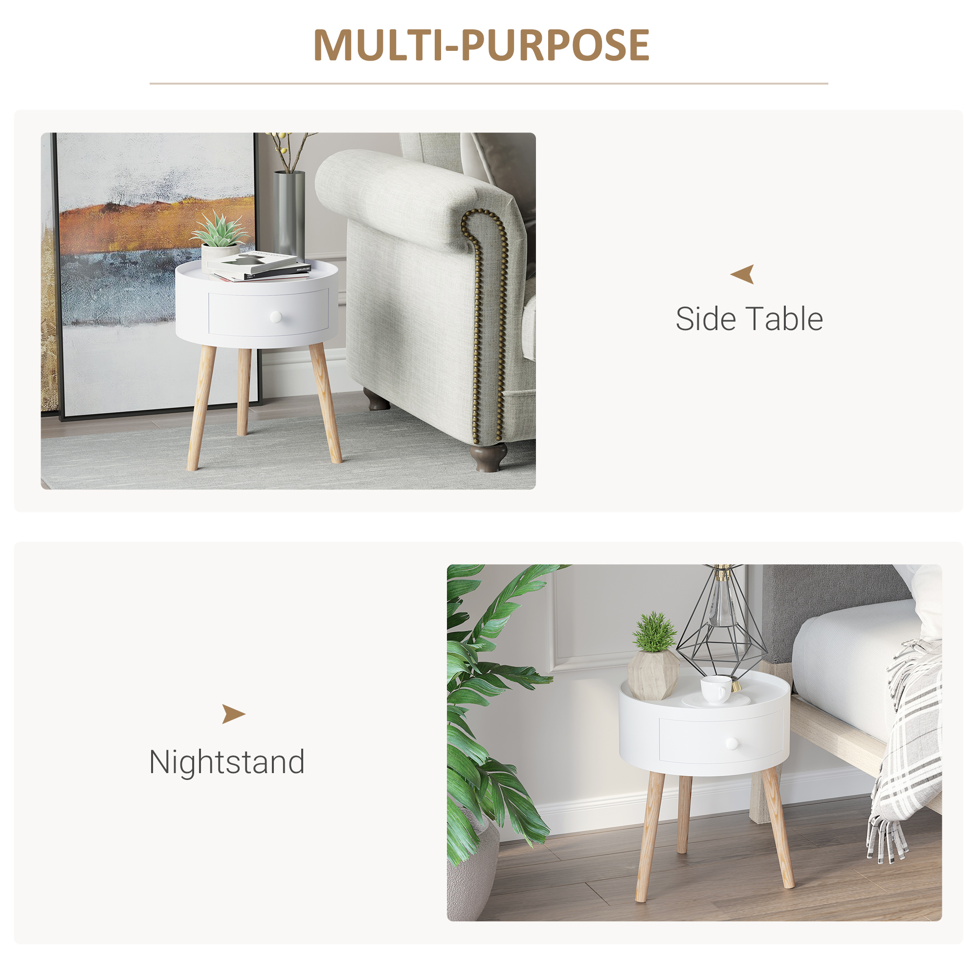 Modern Side Table,Small Coffee Table,Round Bedside Table With Drawer And Wood — image 3