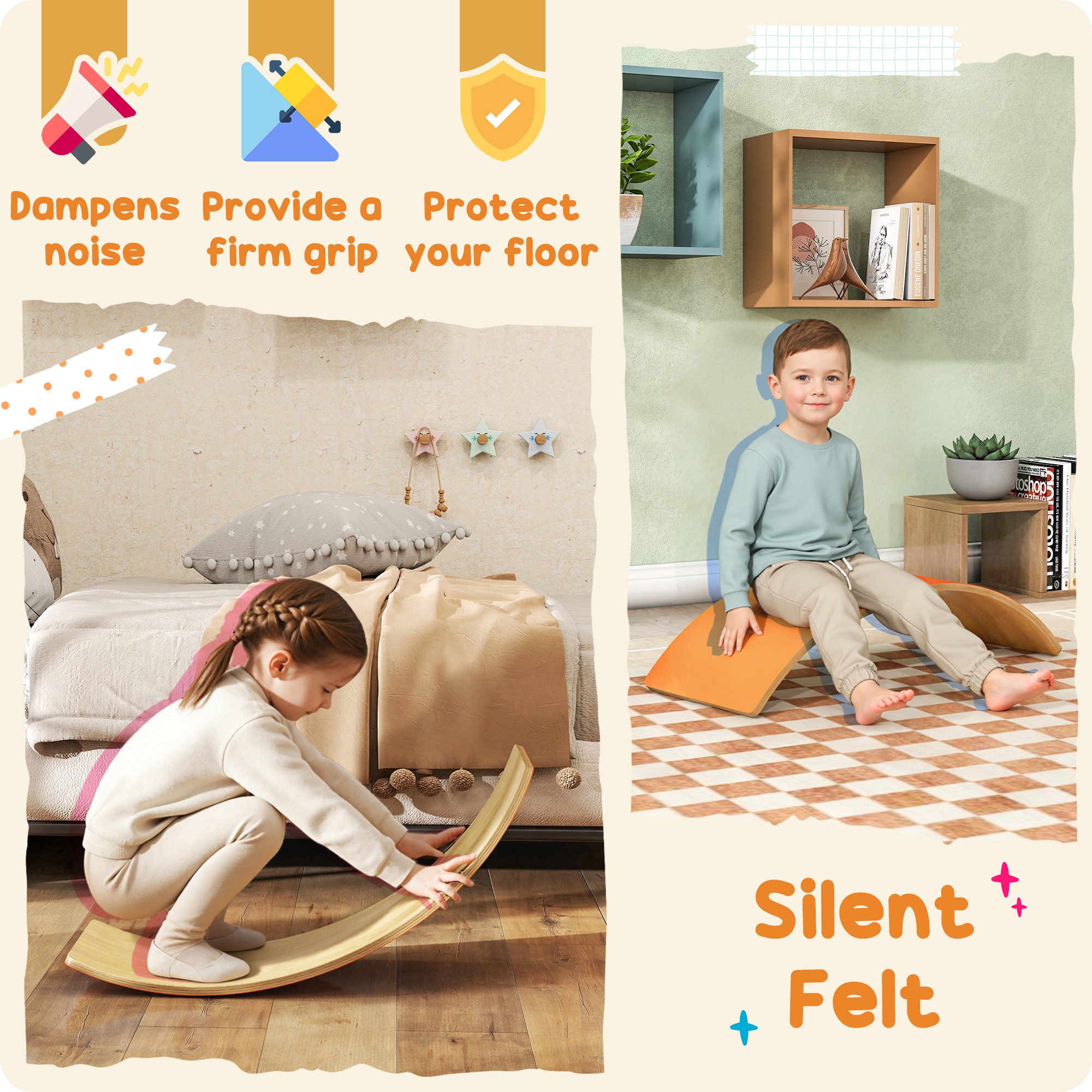 Wooden Balance Board For Kids,Wobble With Silent Felt Sensory Play,Orange — image 2