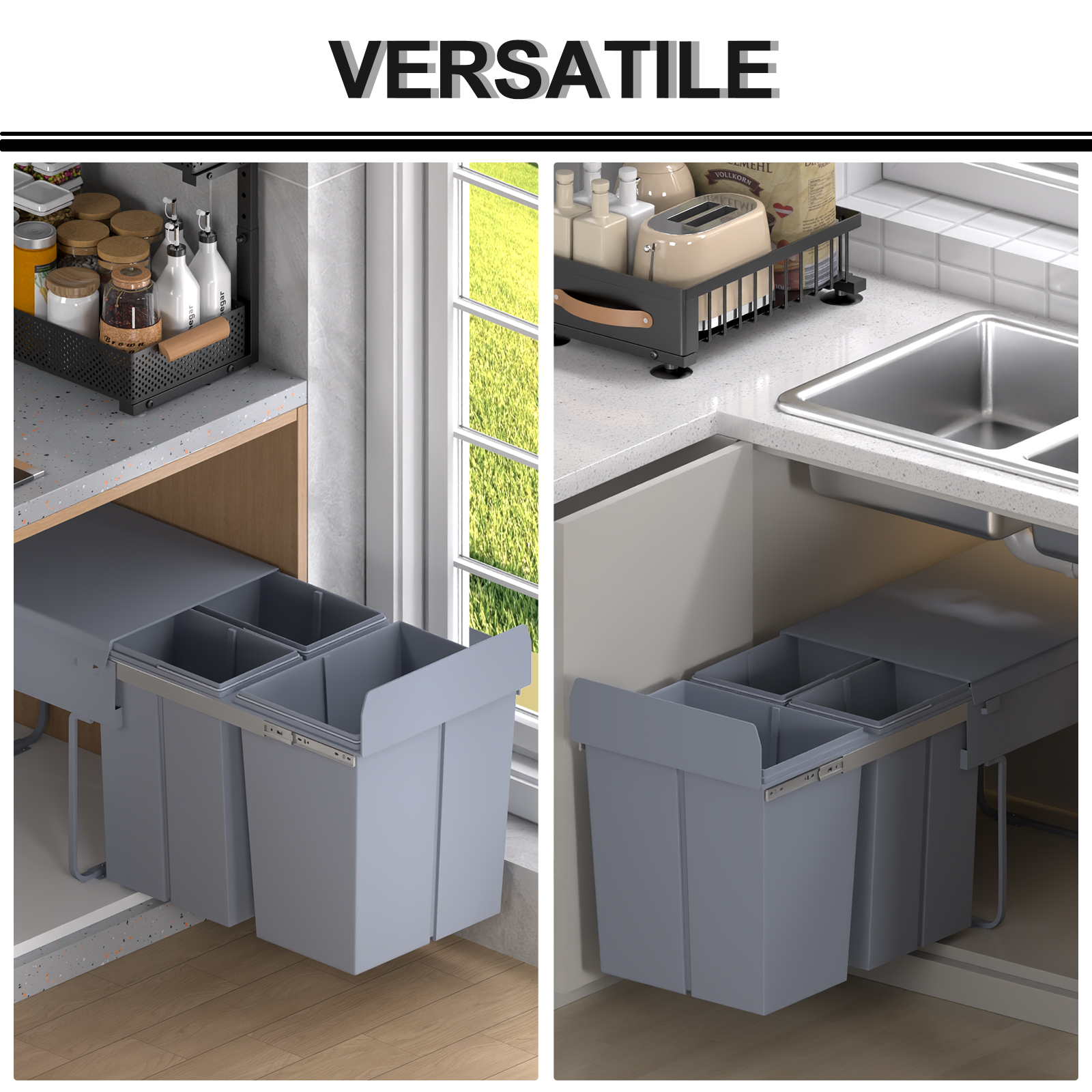 Pull Out Bin With Soft Close And Handle,Kitchen Under Sink 3 Removable — image 2