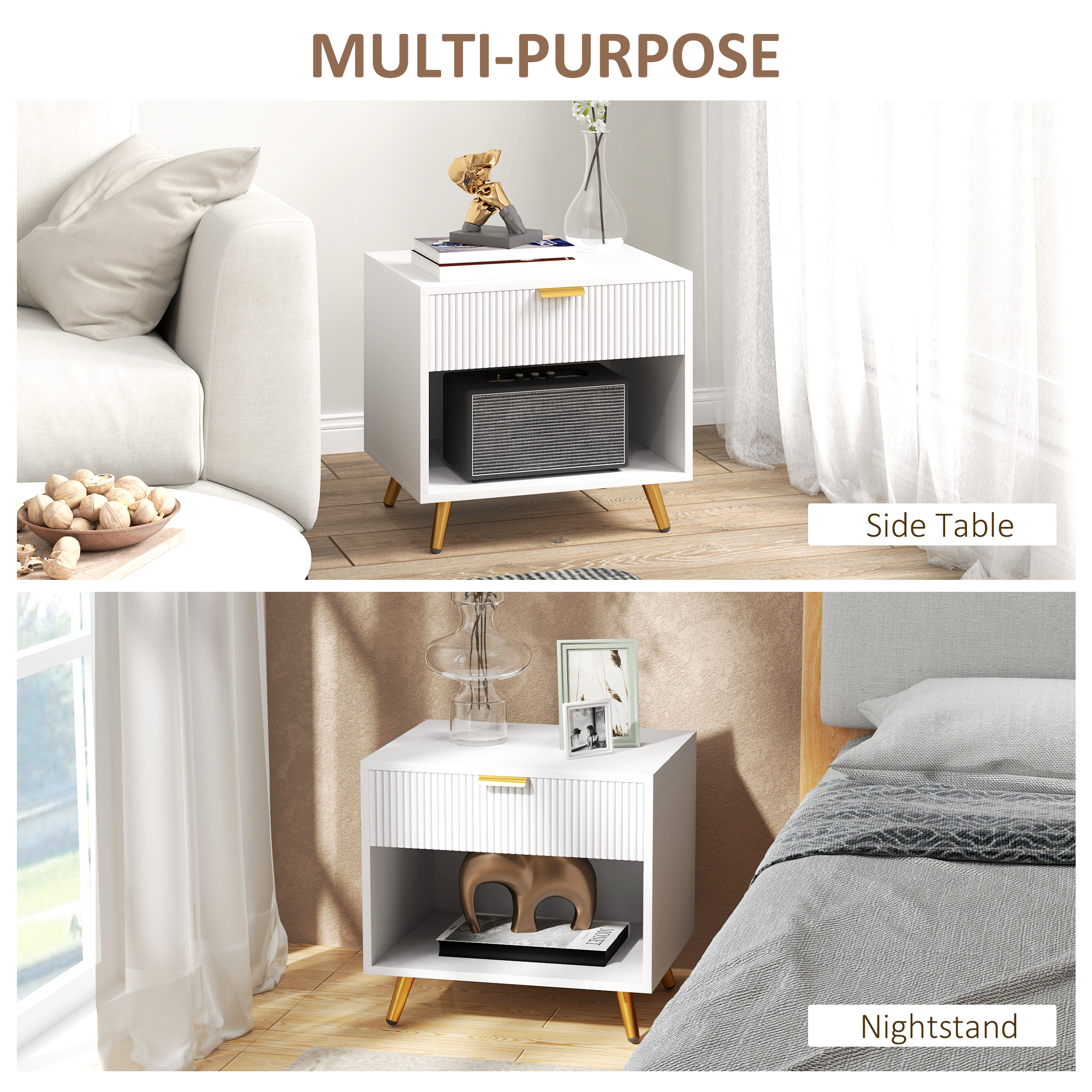 Elegant Bedside Table,with Drawer And Shelf-White/Gold Tone