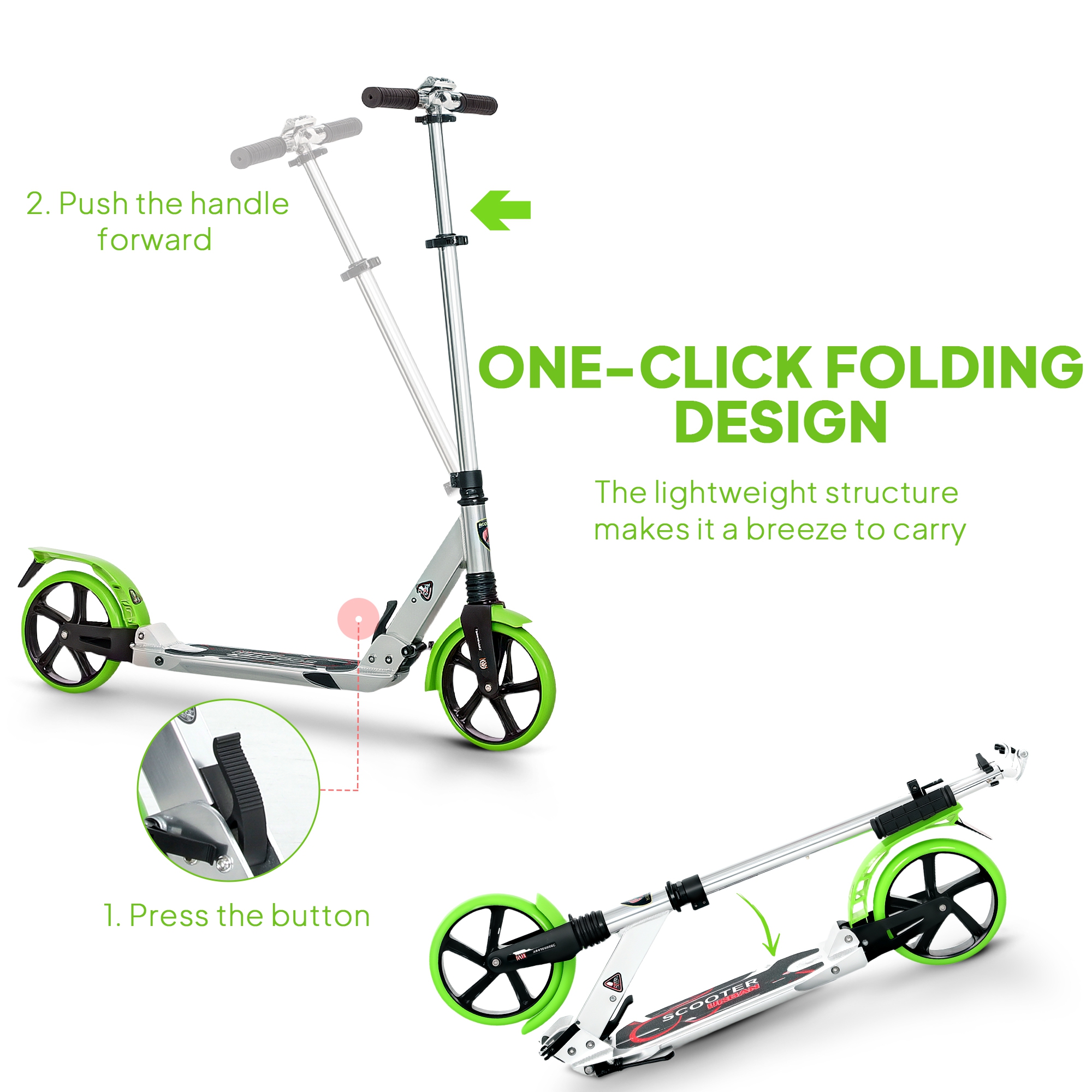 Folding Kick Scooter,Adjustable Ride On Scooter With 200mm Big Wheels — image 3
