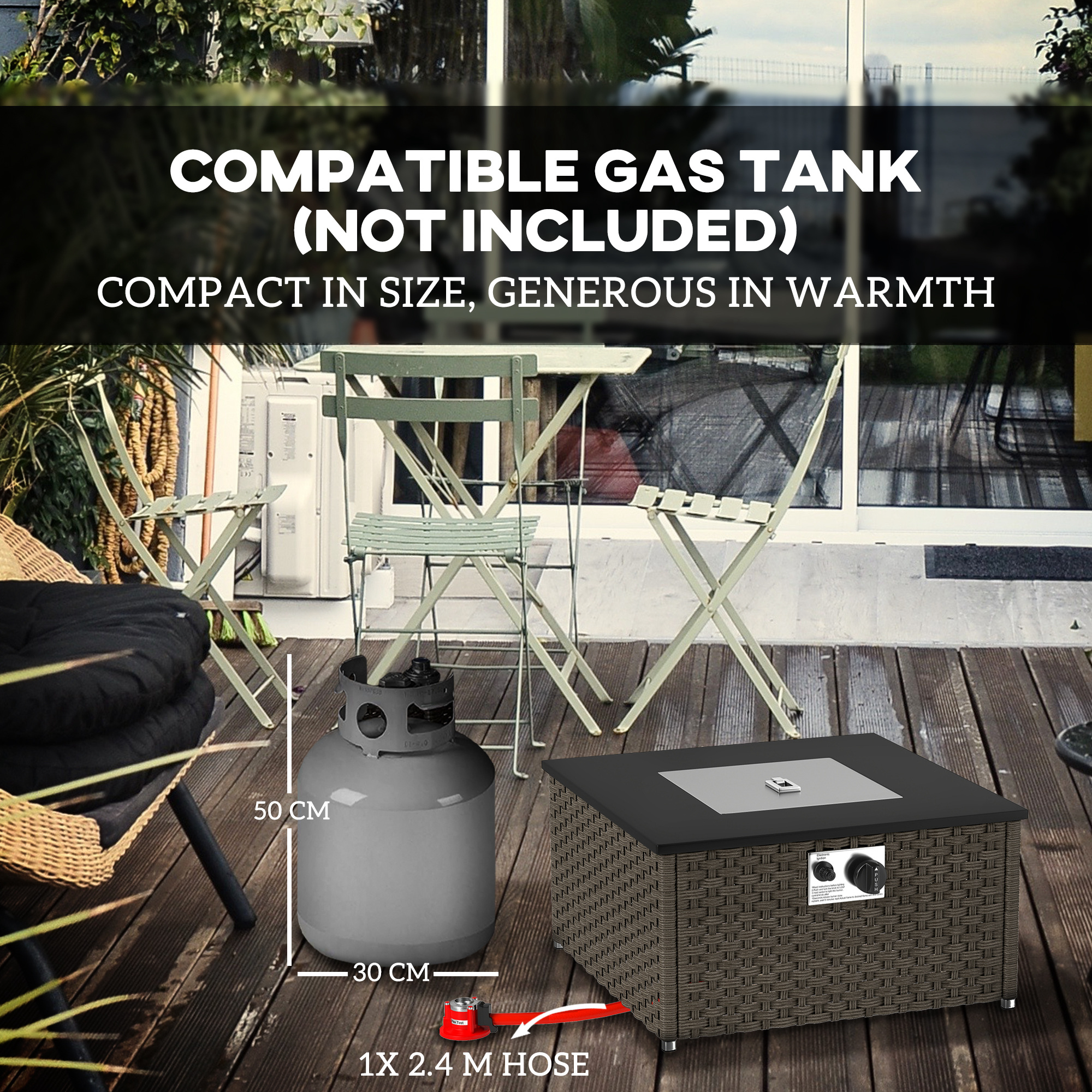 Rattan Gas Fire Pit Table For Garden,13 KW Smokeless Propane With Lid,Square — image 2