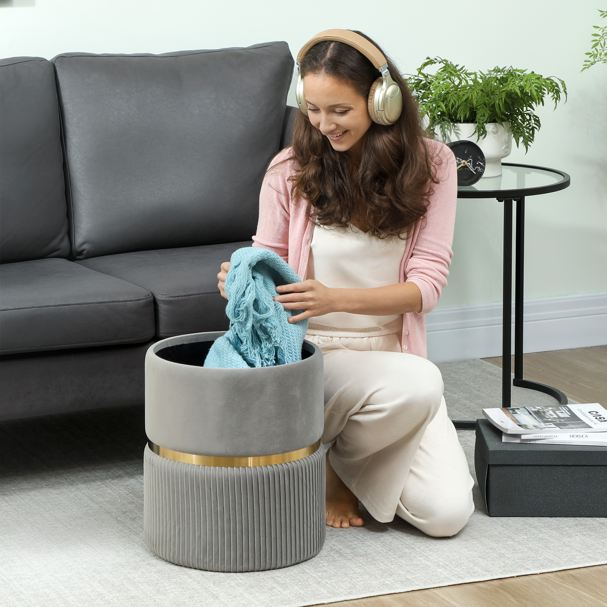 Velvet-Feel Storage Ottoman-Light Grey