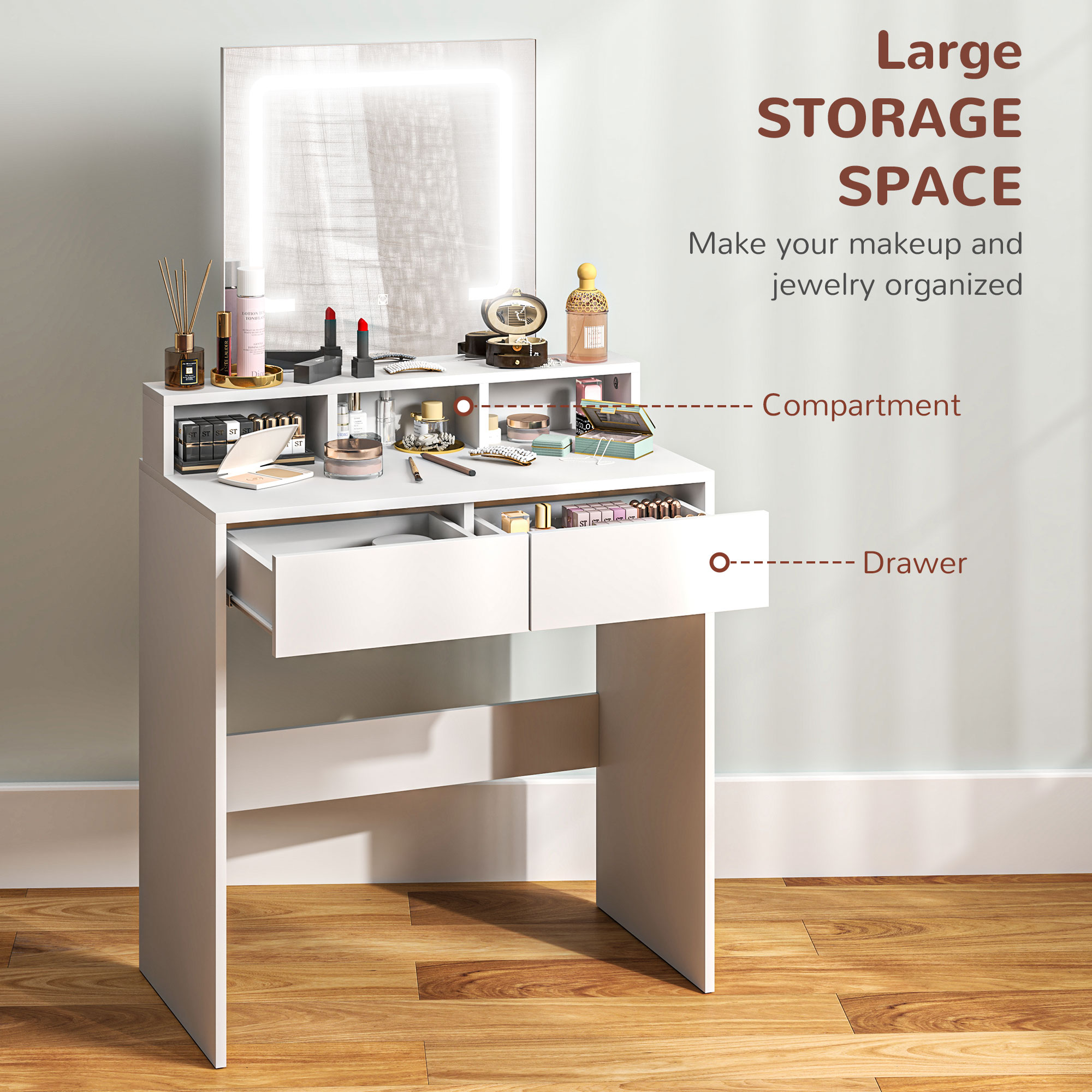 Storage Dressing Table,with LED Light Mirror-White
