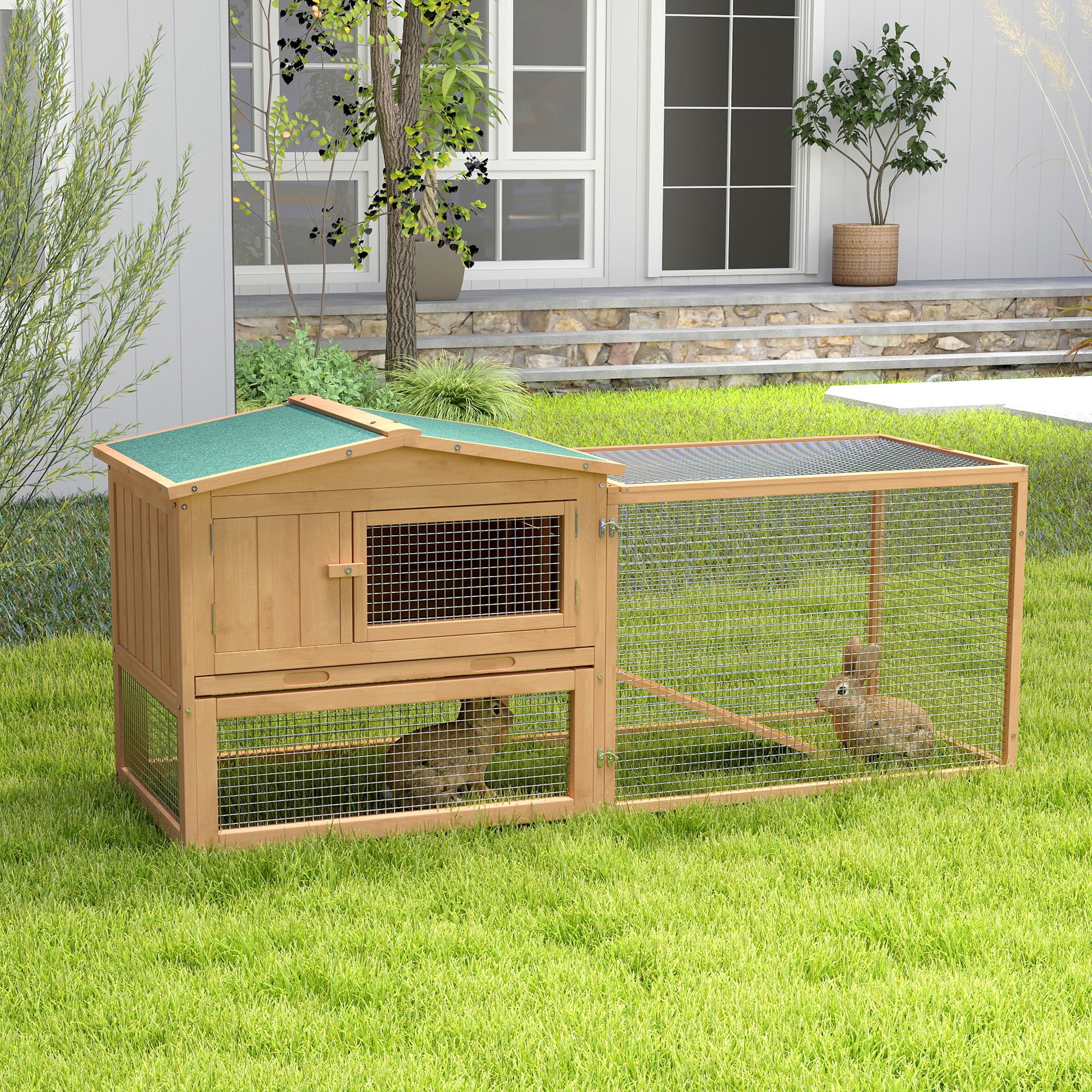 Wooden Rabbit Hutch Guinea Pig House 2 Tier With Run For Outdoor Garden — image 4
