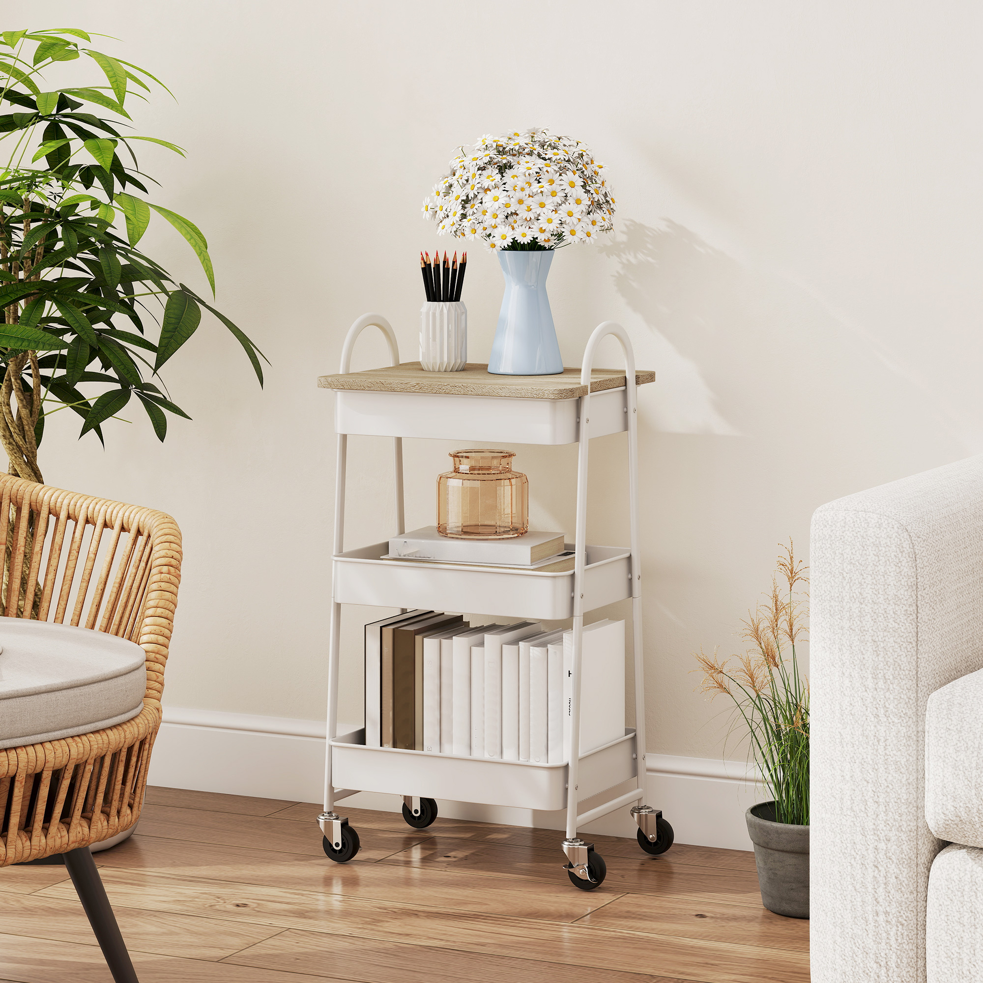 3-tier kitchen storage trolley with on wheels cover top