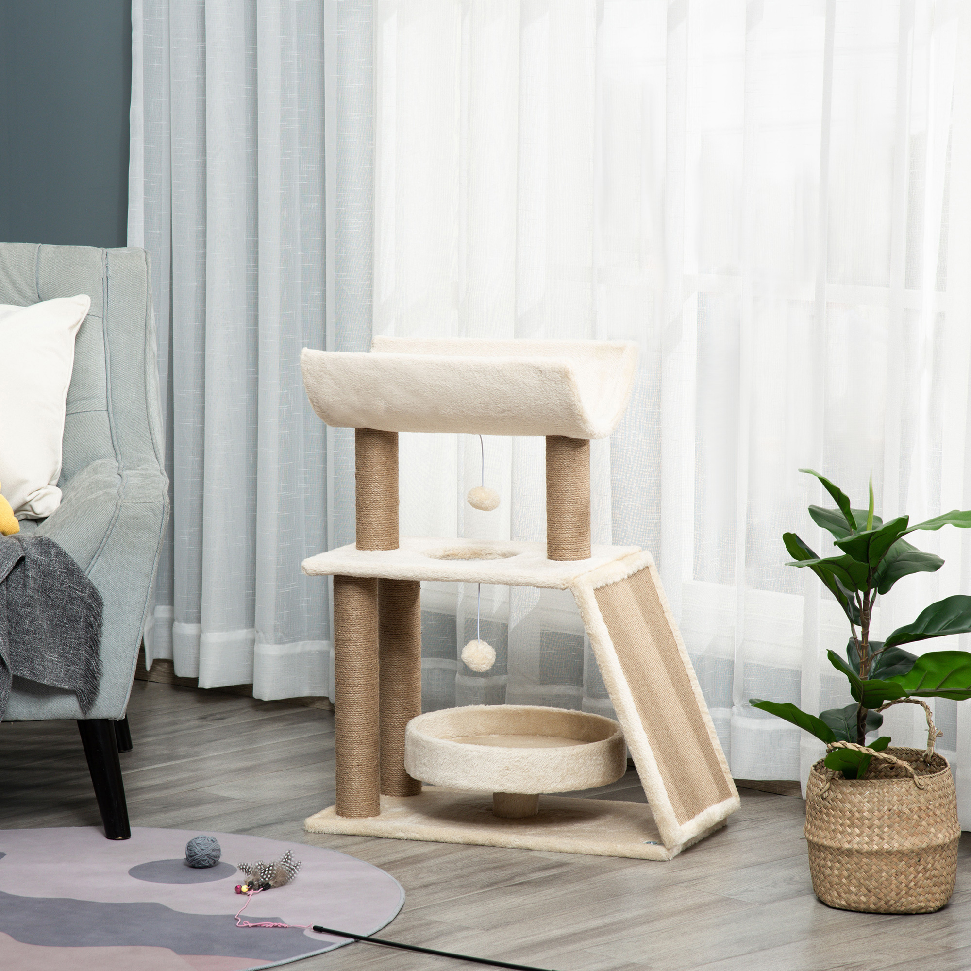 Cat Tree Tower,with Scratching Posts,Pad,Bed,Perch,Toy Ball-Light Brown detail photo 12