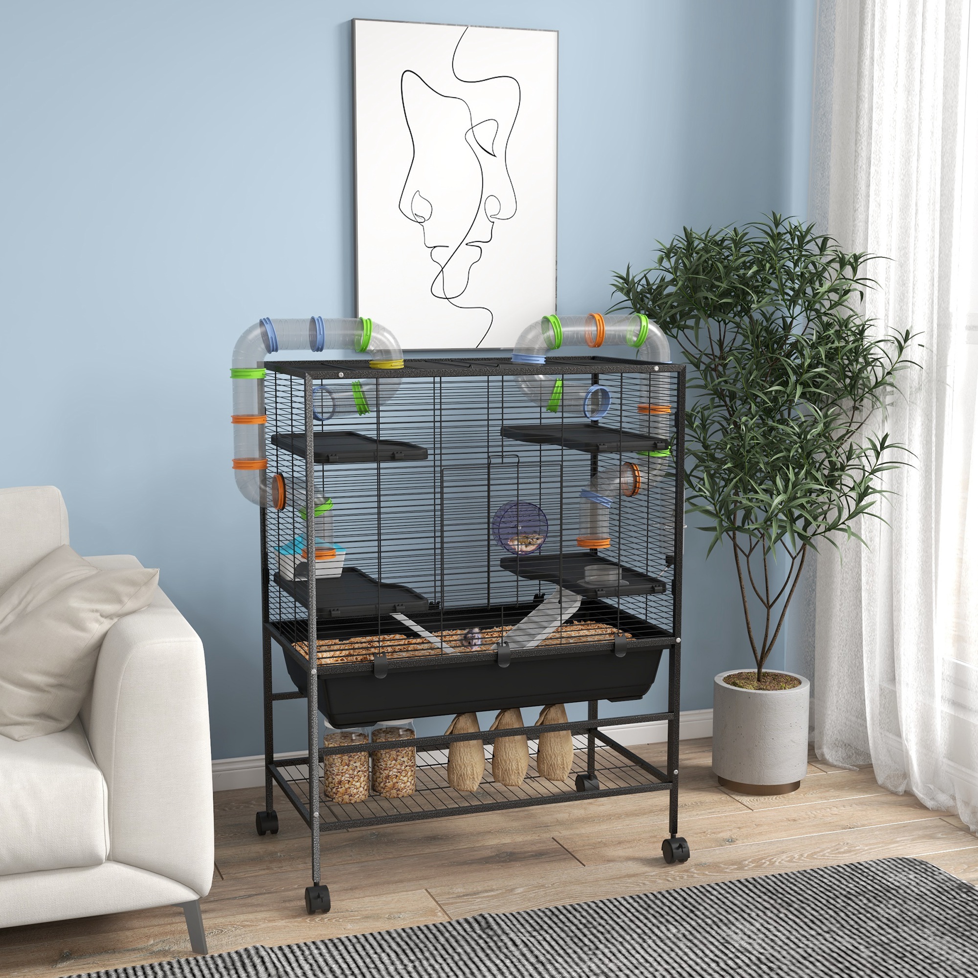 Large Hamster Cage,Gerbil Cage With Tubes,Storage Shelf,Ramps,Platforms,Running Wheel-Black detail photo 9