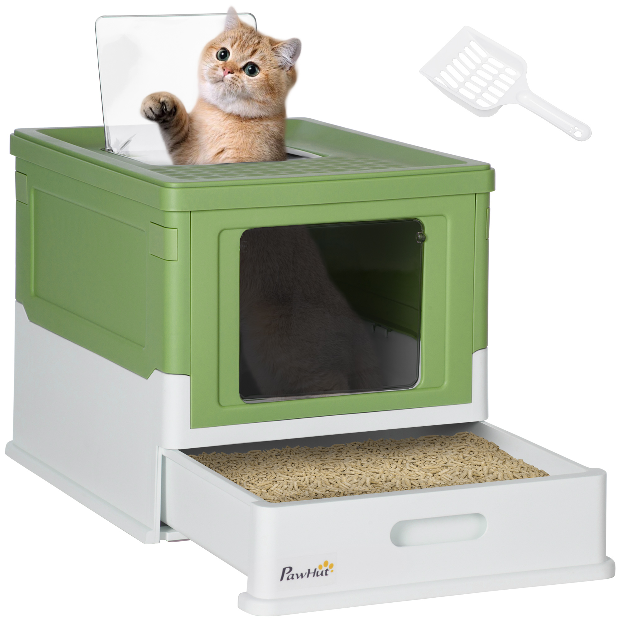 Hooded Cat Litter Box,Portable Pet Toilet,with Scoop,Front Entry-Emerald Green