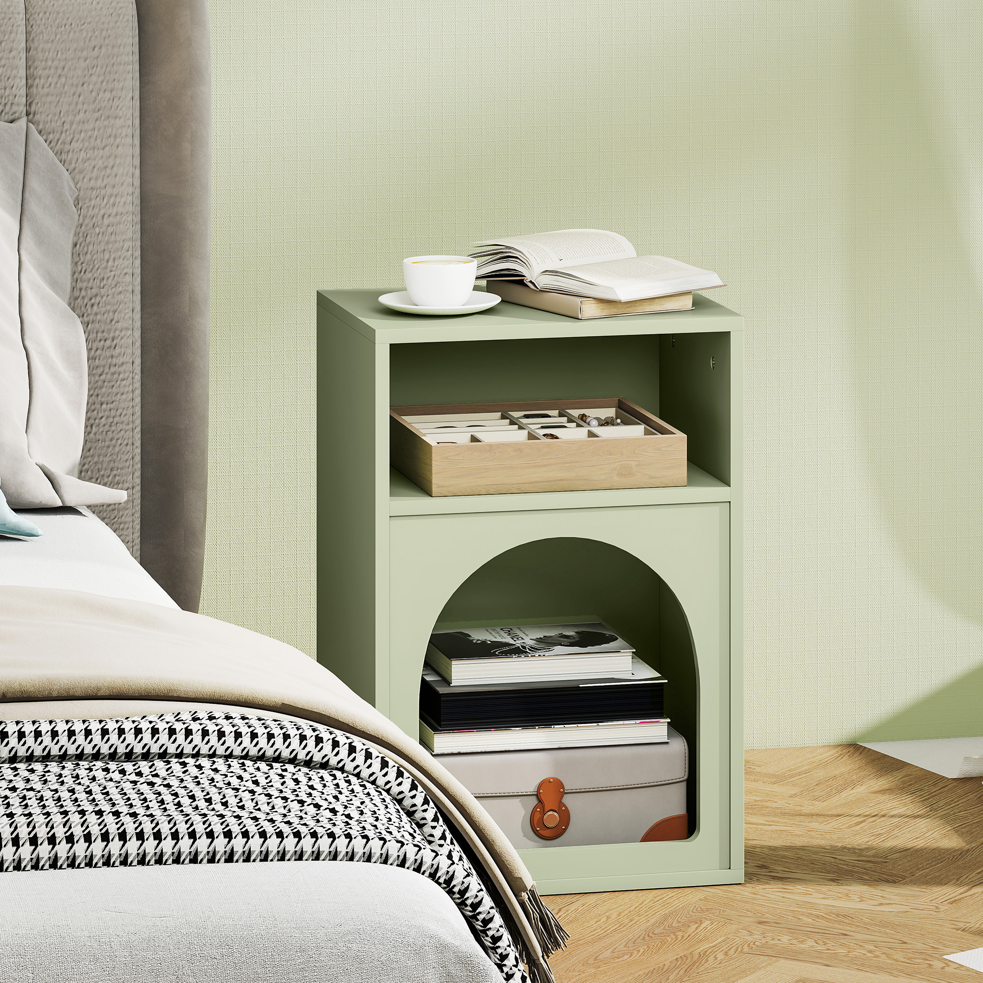 Bedside Table With 2 Open Compartments-Light Green — image 2