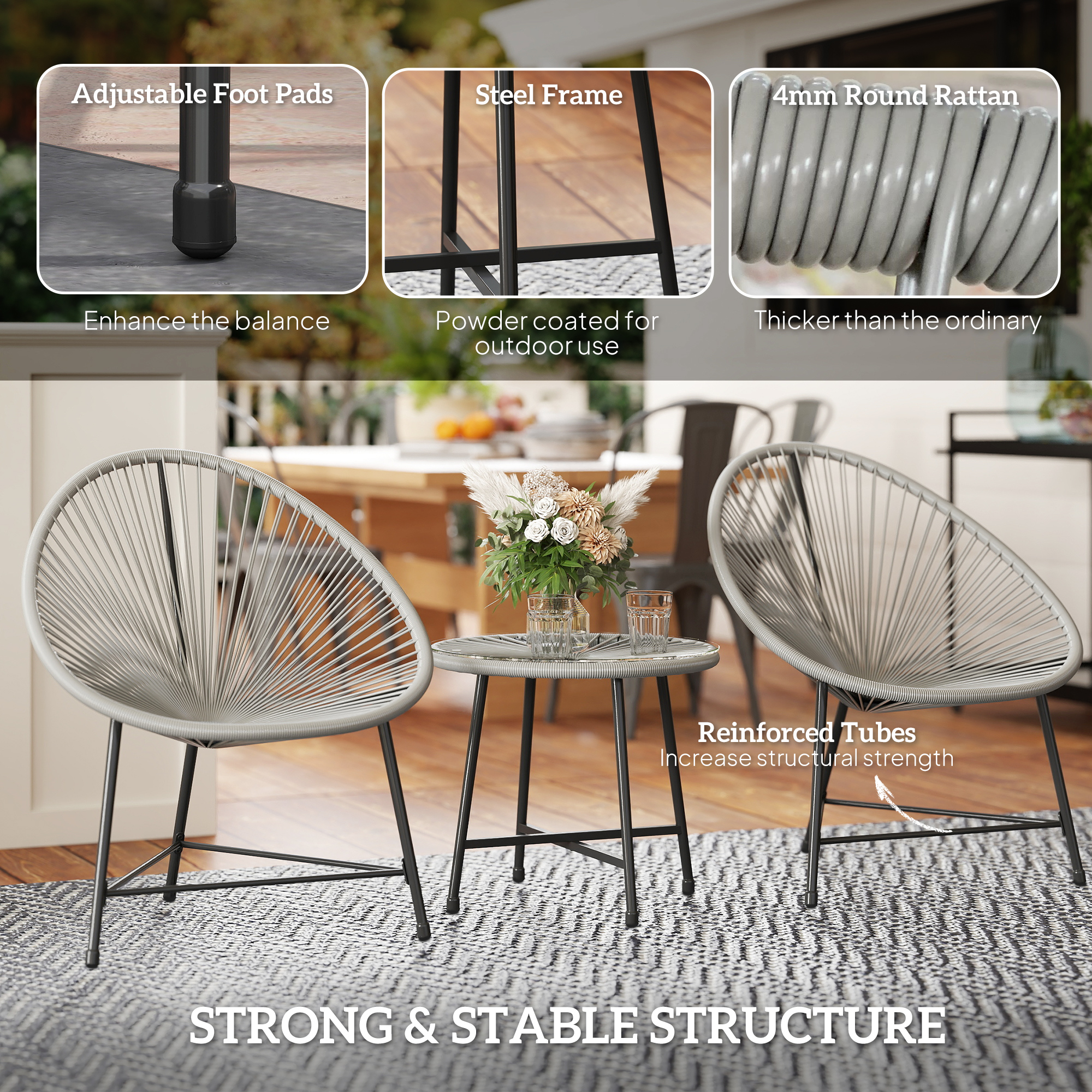 3 Pieces Rattan Bistro Set,Garden Set With Acapulco Chairs And Glass Top