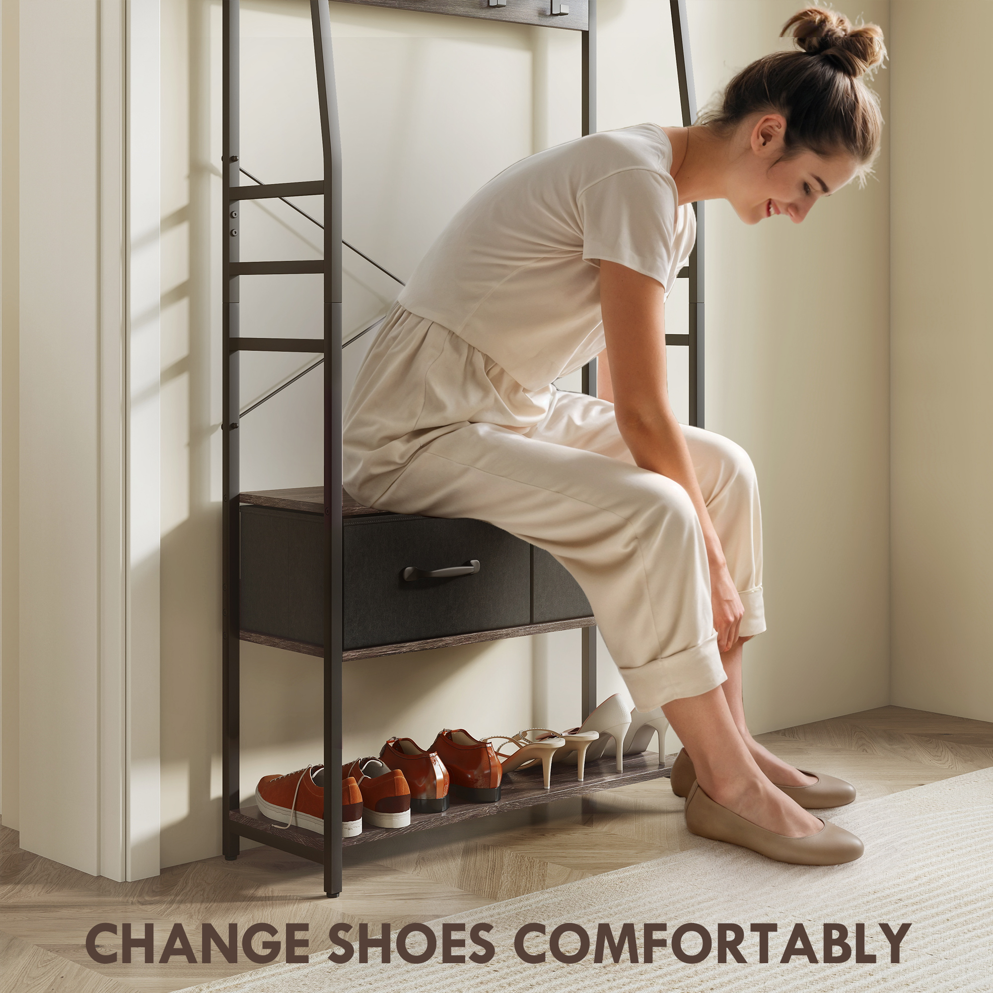 Coat Rack With Shoe Storage,Hall Tree,Industrial Stand Bench,10 Removable — image 2