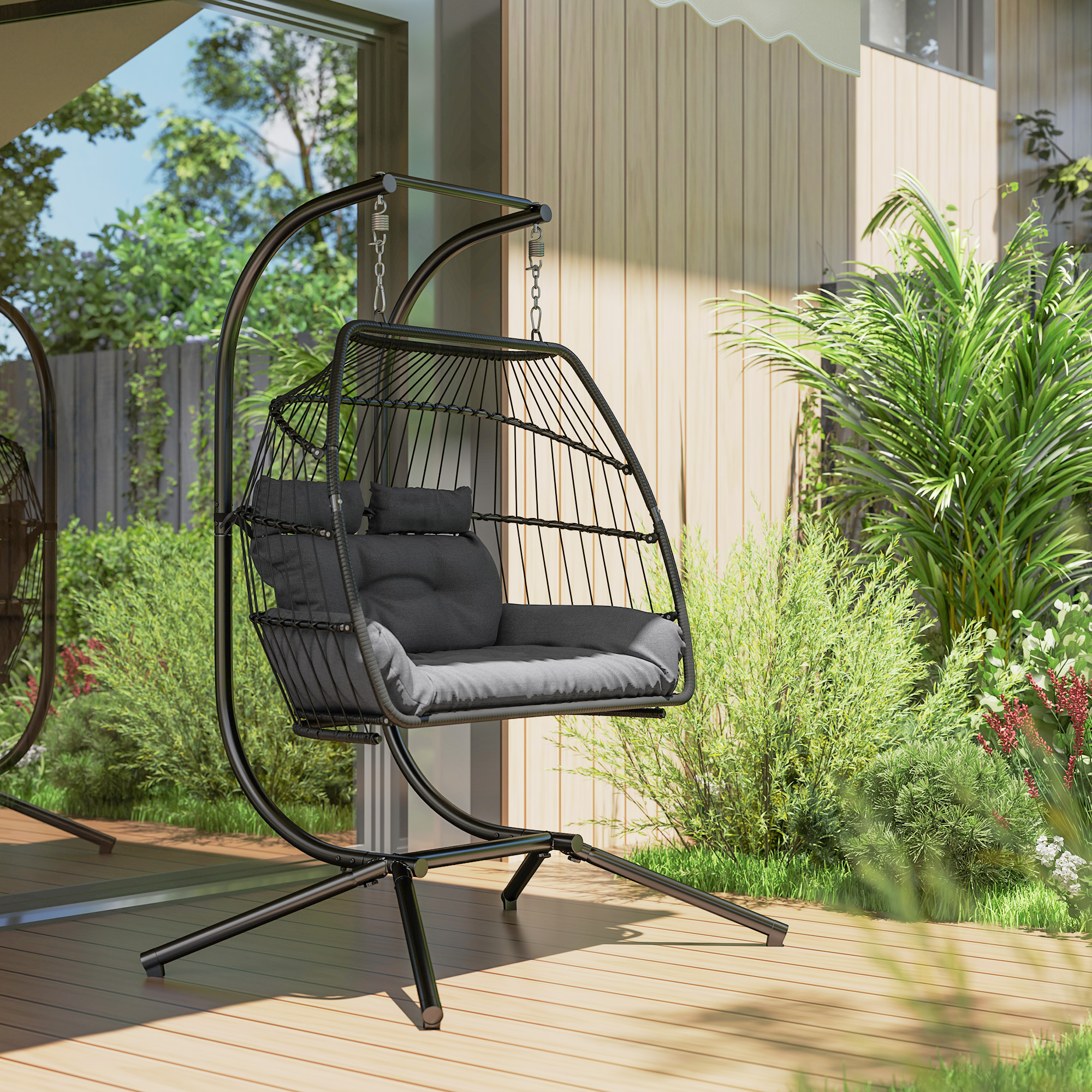 Rattan Double Hanging Egg Chair With Stand,Foldable Wicker Swing Cushion,Head