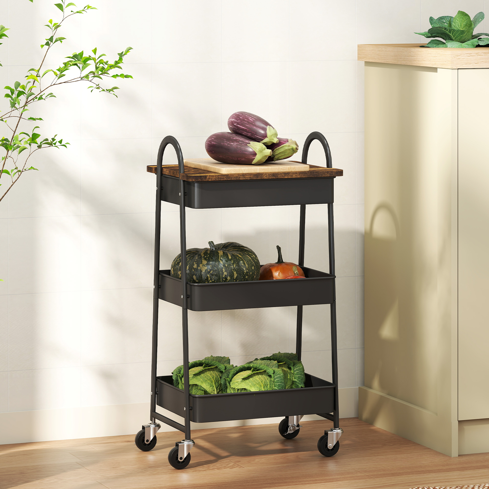 3-Tier Kitchen Storage Trolley With On Wheels Cover Top Board-Rustic Brown — image 4