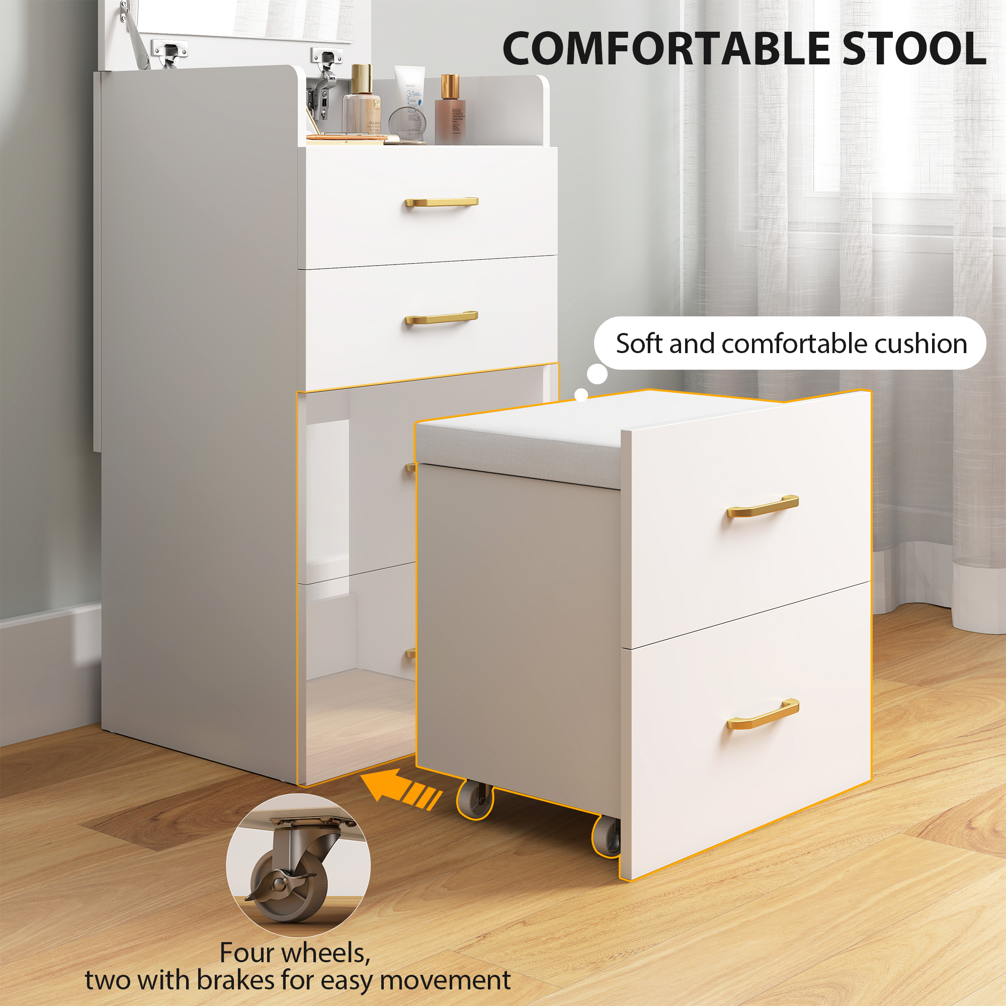 Compact Dressing Table And Stool Set,with Storage-White — image 5