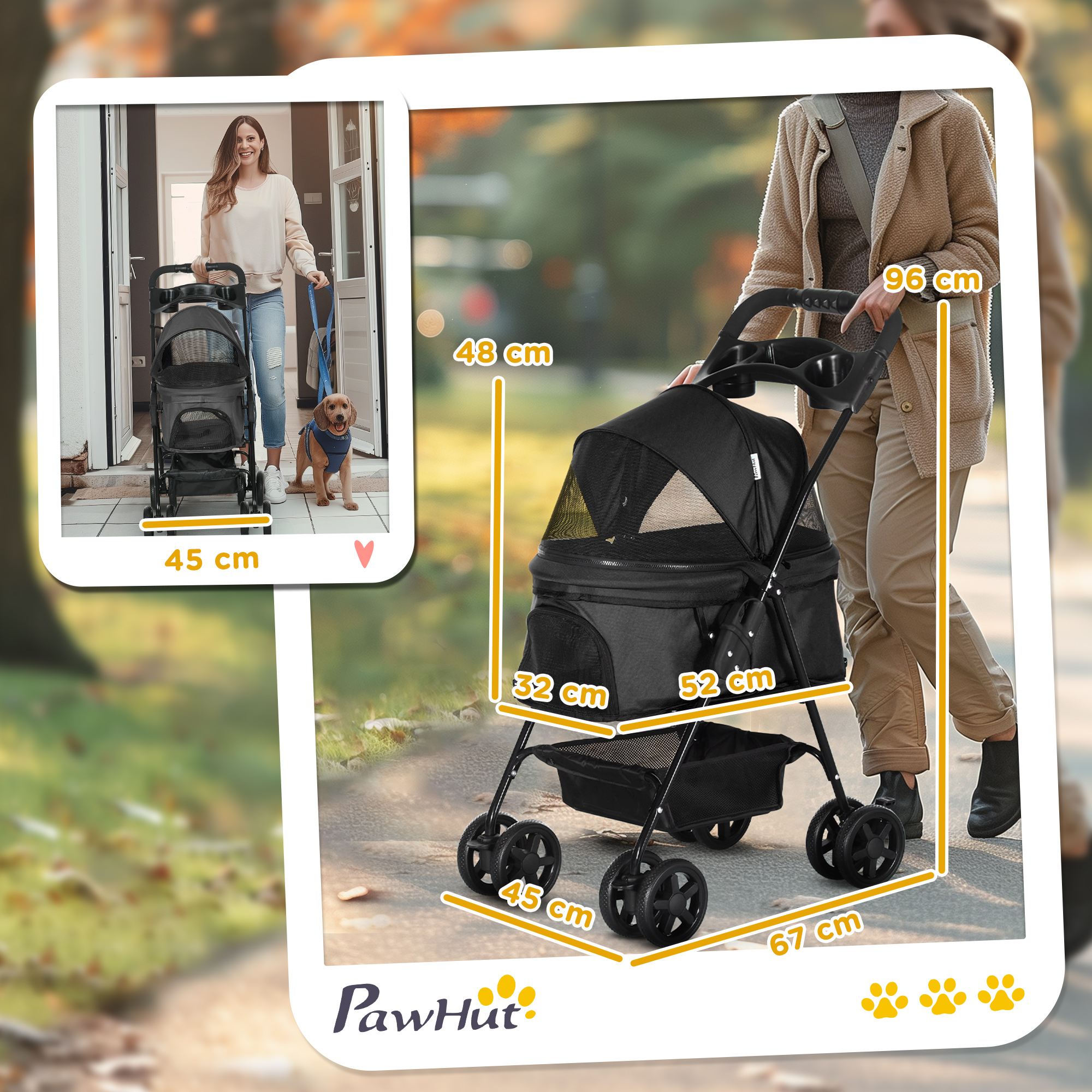 Dog Pram Dog Stroller Foldable Pet Pushchair With 4 Wheels,Safety Leashes,Cup Holder For Small Dogs,Black detail photo 7