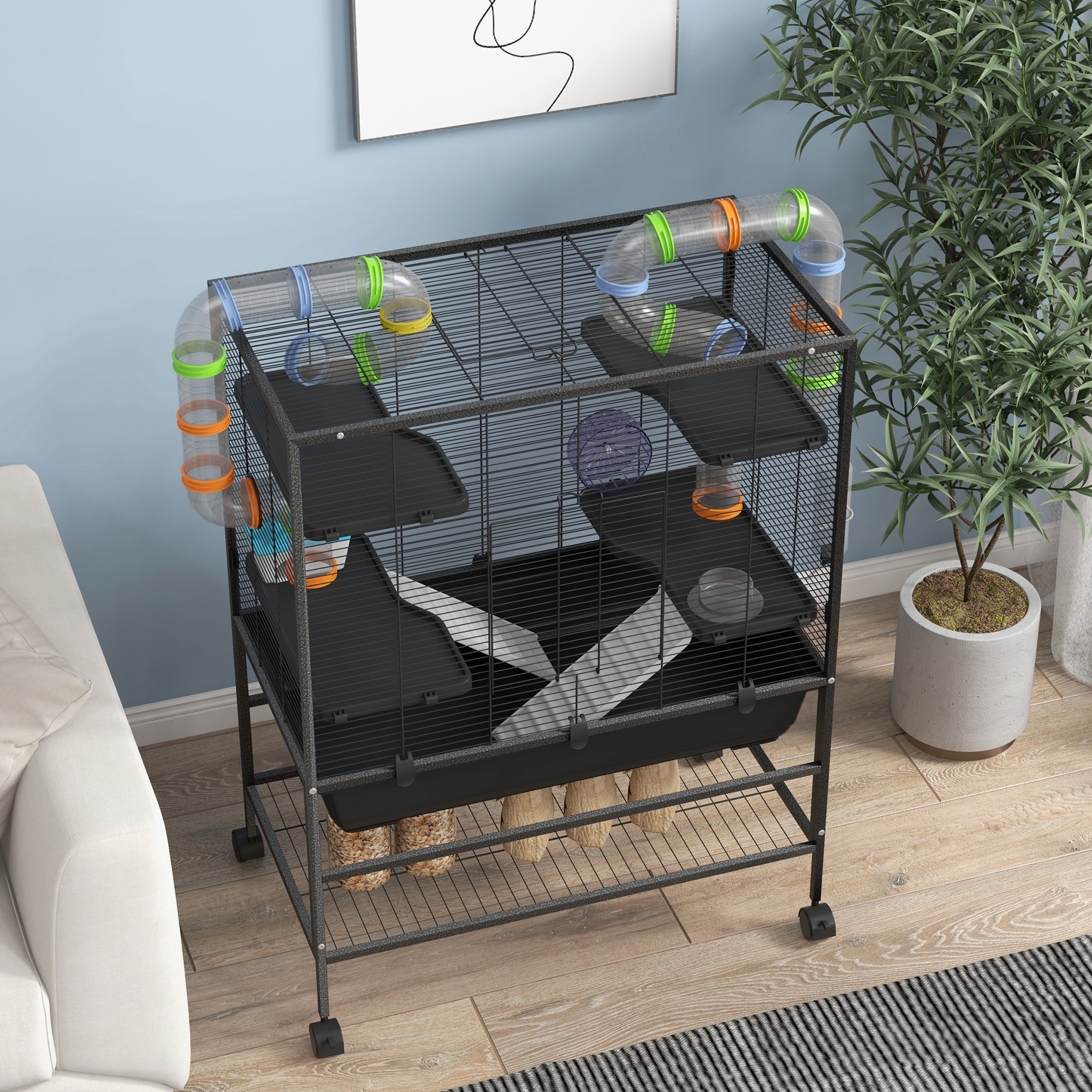 Large Hamster Cage,Gerbil Cage With Tubes,Storage Shelf,Ramps,Platforms,Running Wheel-Black detail photo 2