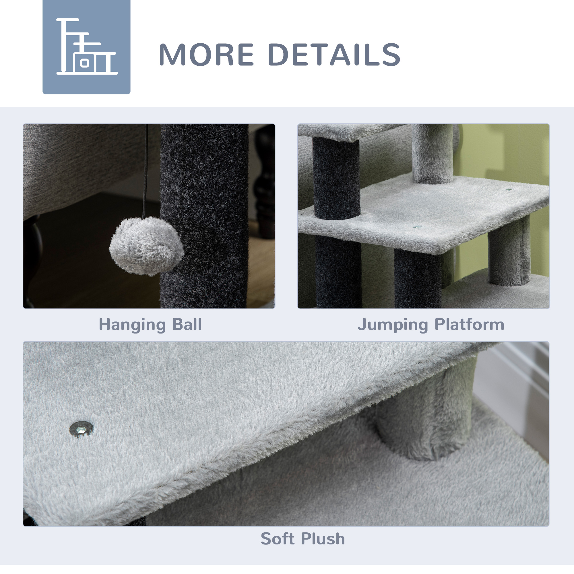 Adjustable Cat Steps,with House & Hanging Toy Ball-Grey — image 5