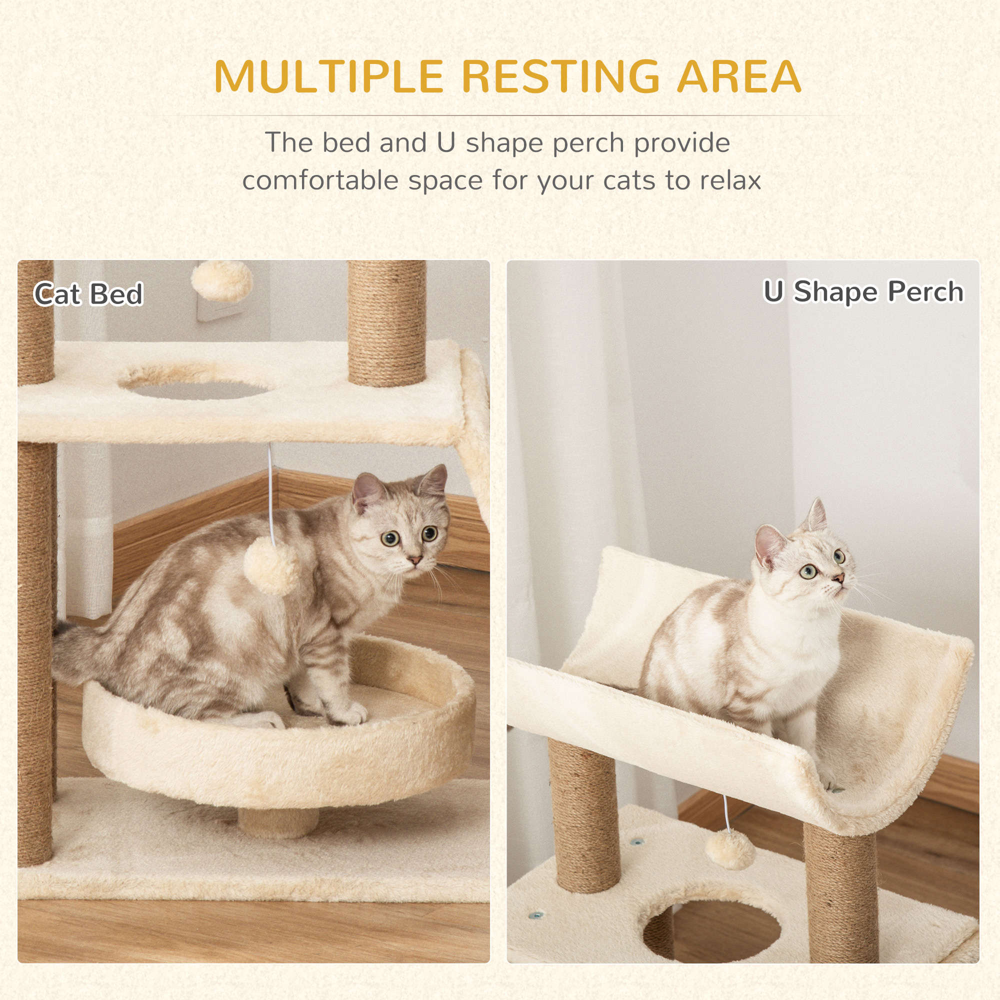 Cat Tree Tower,with Scratching Posts,Pad,Bed,Perch,Toy Ball-Light Brown detail photo 7