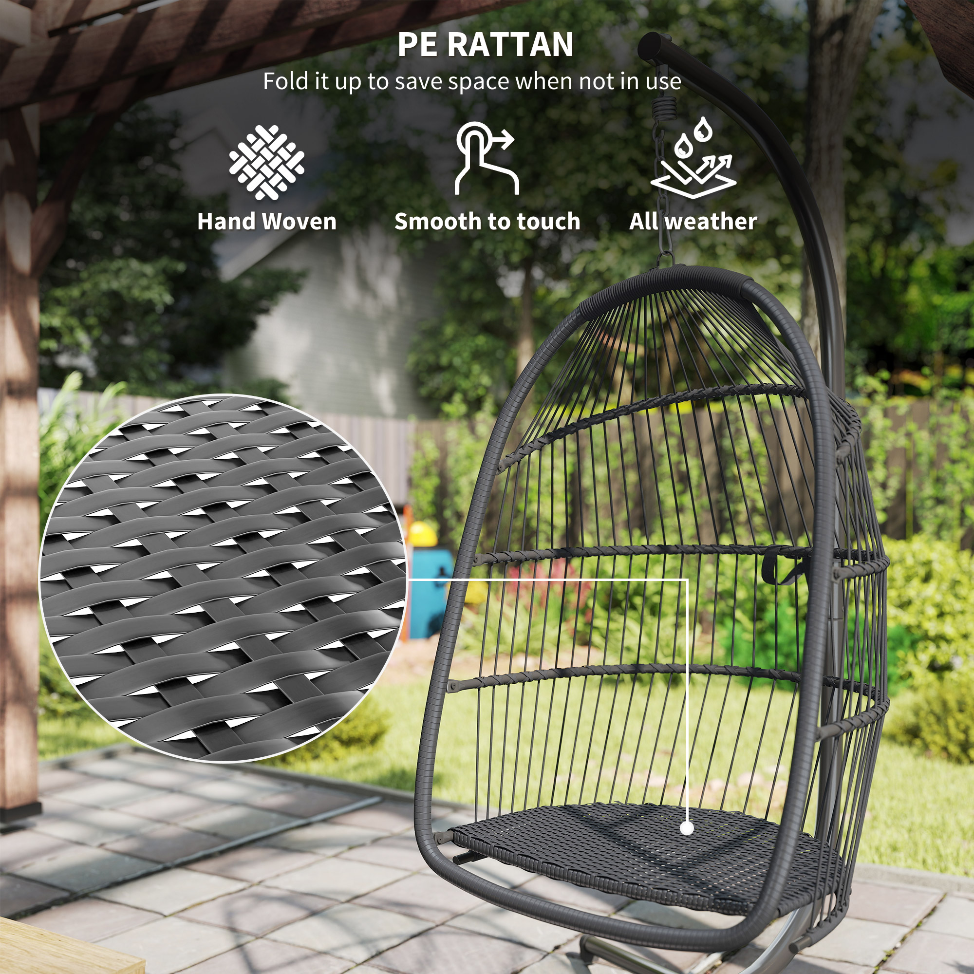Hanging Egg Chair With Stand,Foldable Wicker Swing Cushion,Head Pillow,Steel — image 6