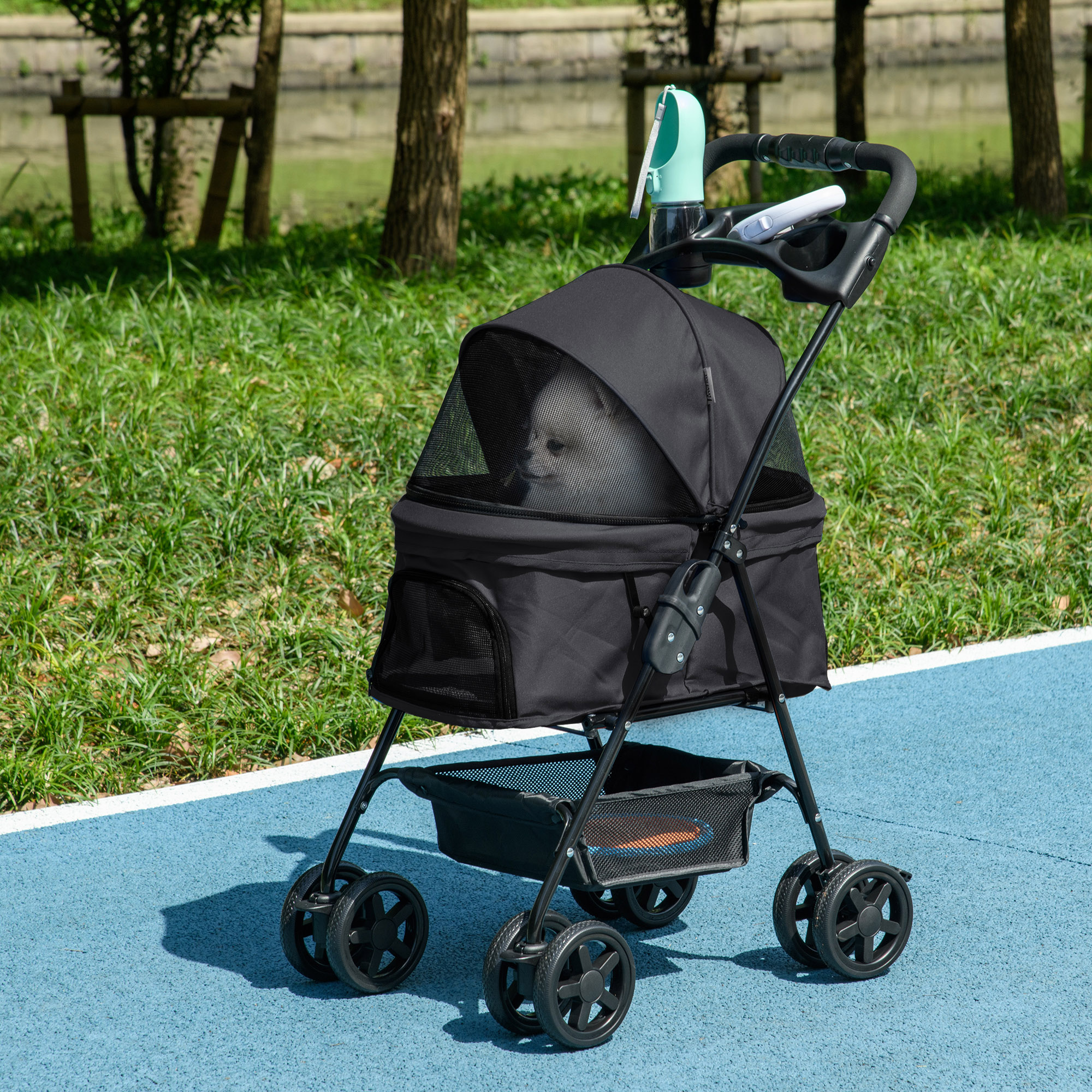 Dog Pram Dog Stroller Foldable Pet Pushchair With 4 Wheels,Safety Leashes,Cup Holder For Small Dogs,Black detail photo 2