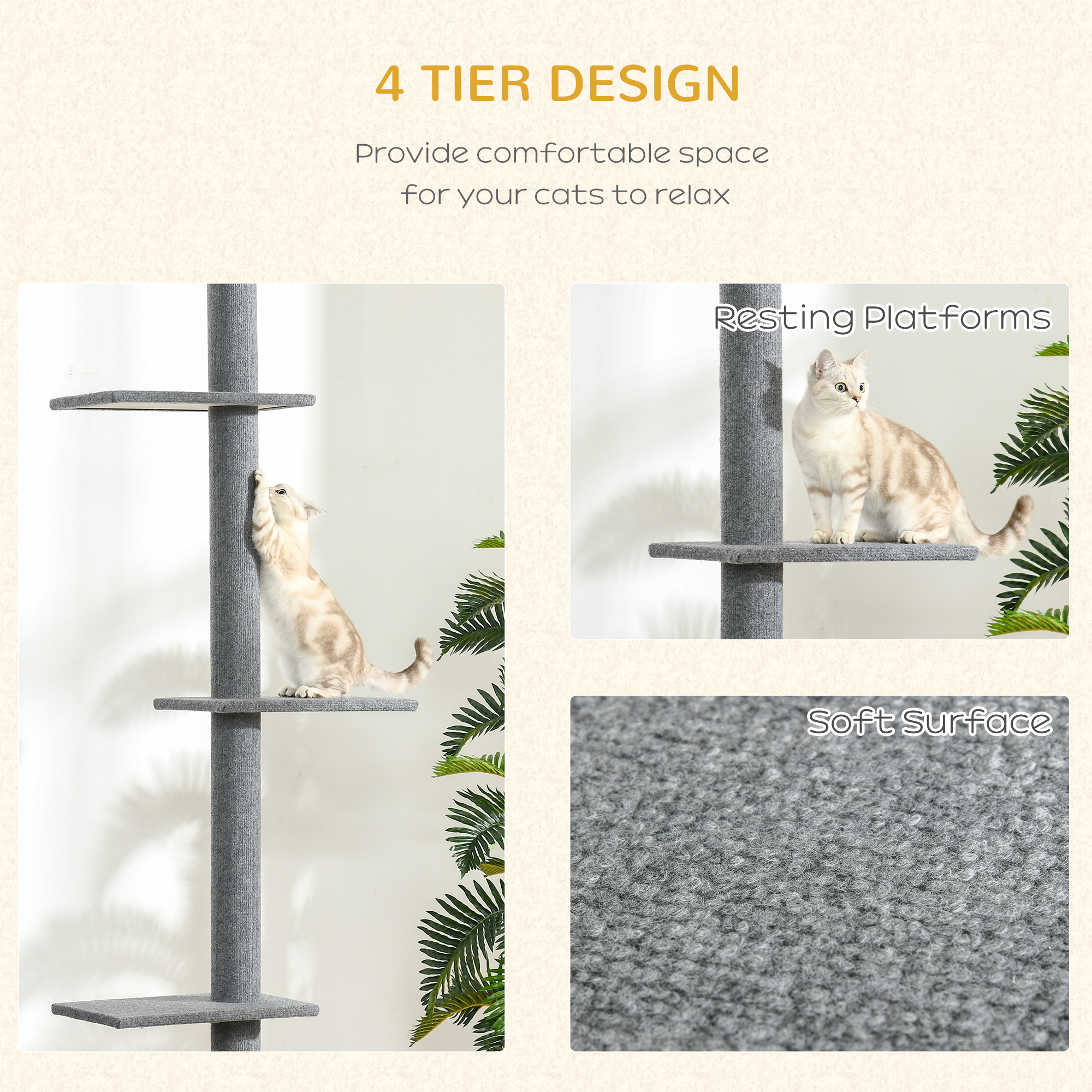 260cm Floor To Ceiling Cat Tree For Indoor Cats W/ Three Platforms Activity — image 2