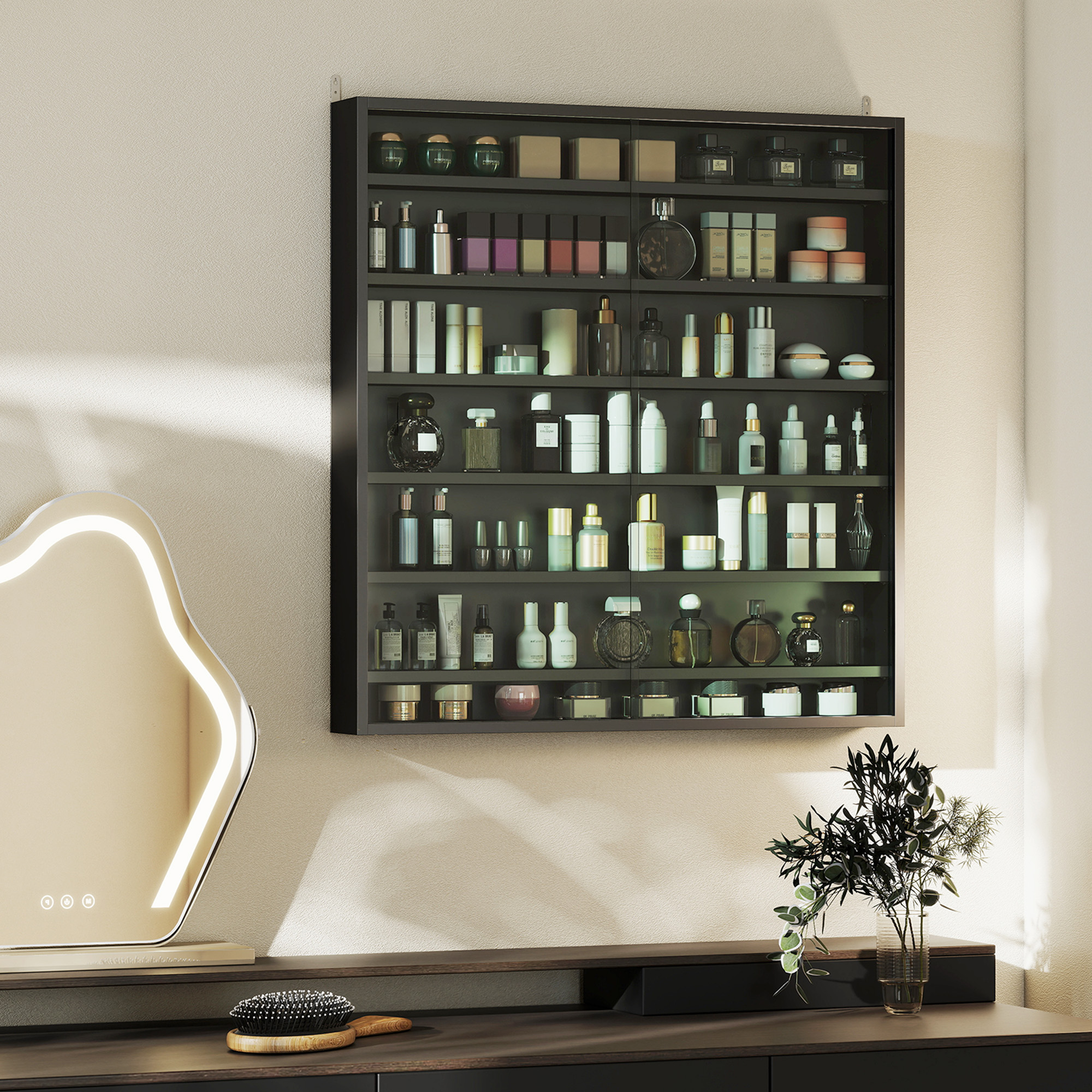 Six Shelf Display Cabinet,with Glass Doors-Black