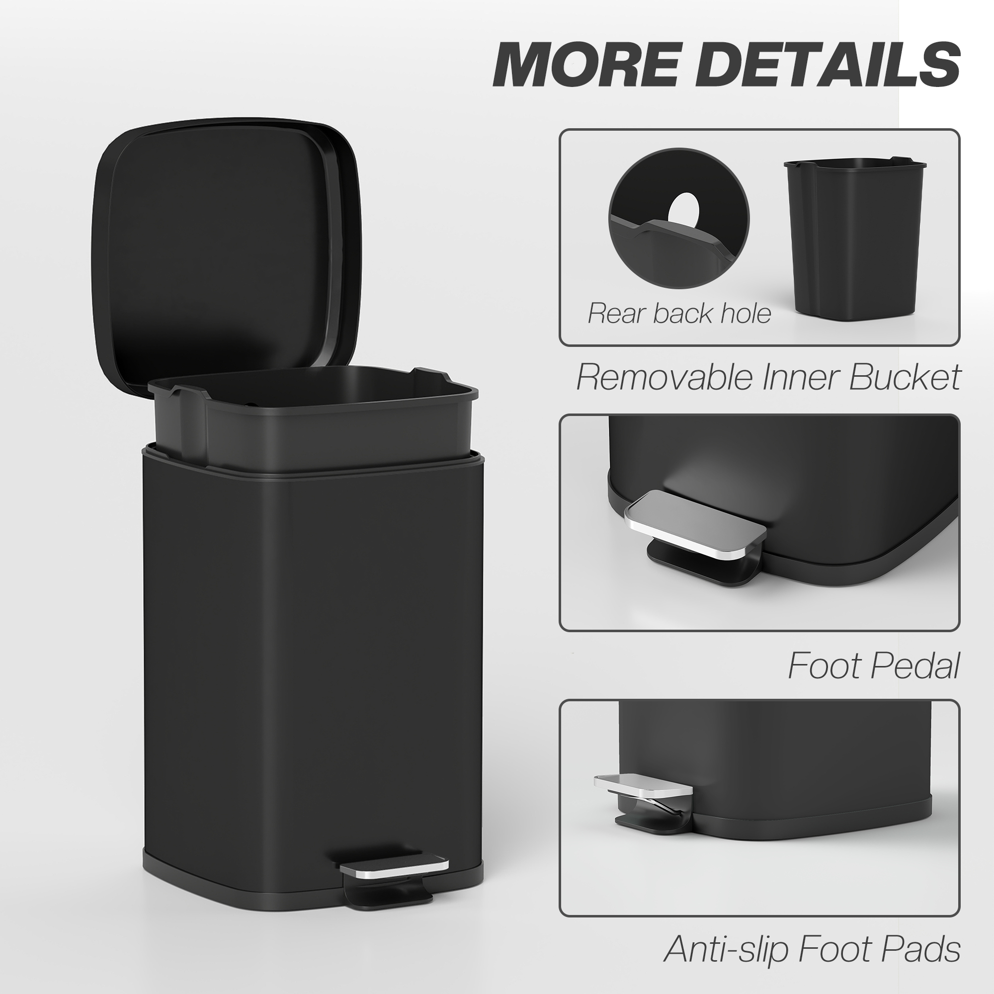 20l modern boxy metal home kitchen bin-black