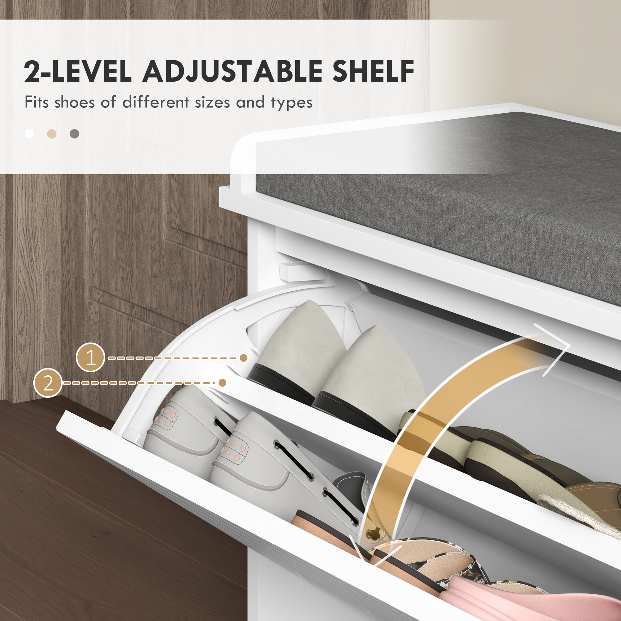10-Shoe Storage Bench,with Padded Top Seat-White/Grey — image 2