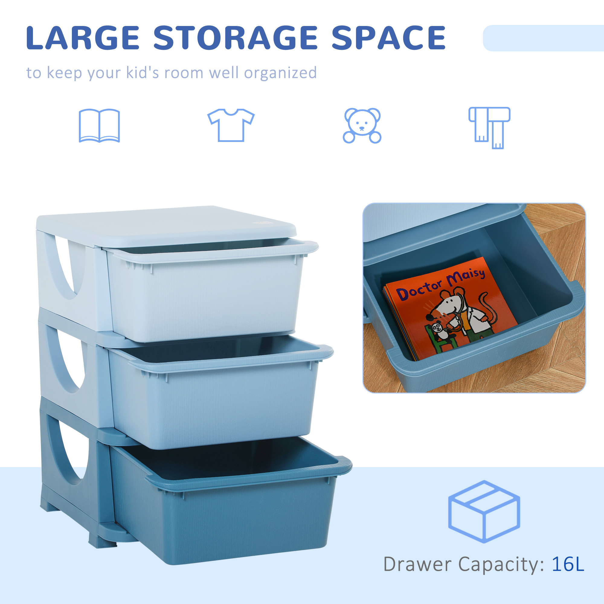 3 Drawers Plastic Storage Units,3 Tier Kids Units,Children Toy Chest — image 5
